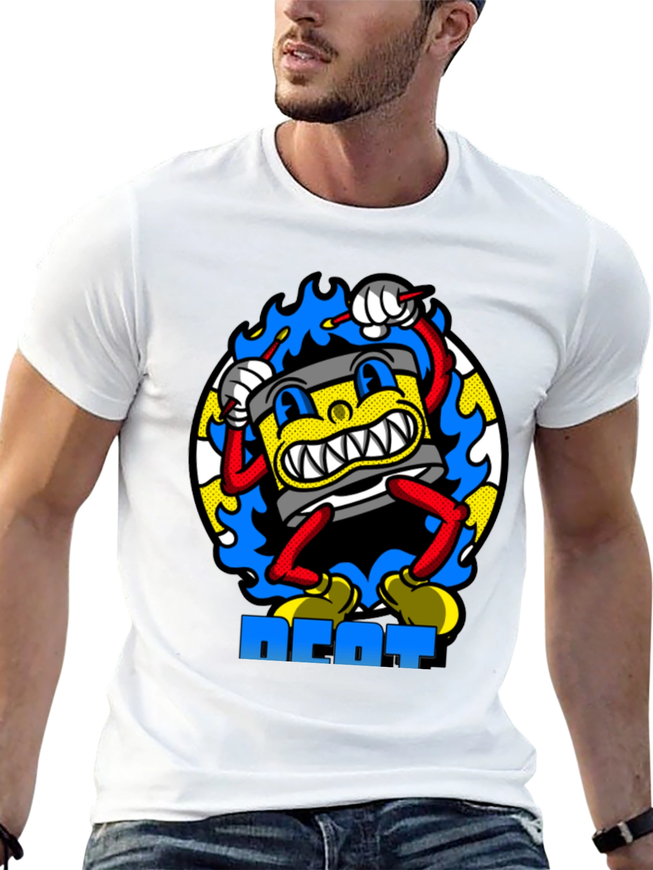 Black Retro Cartoon Drum Beat T-Shirt - Black Cotton view 13