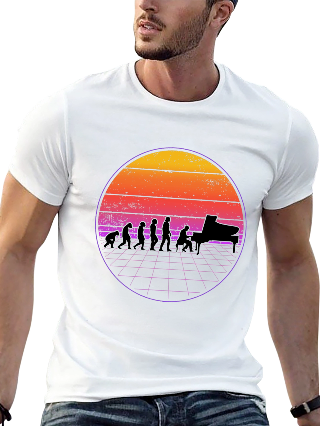 Black Piano Evolution T-Shirt - Retro Sunset Design view 13