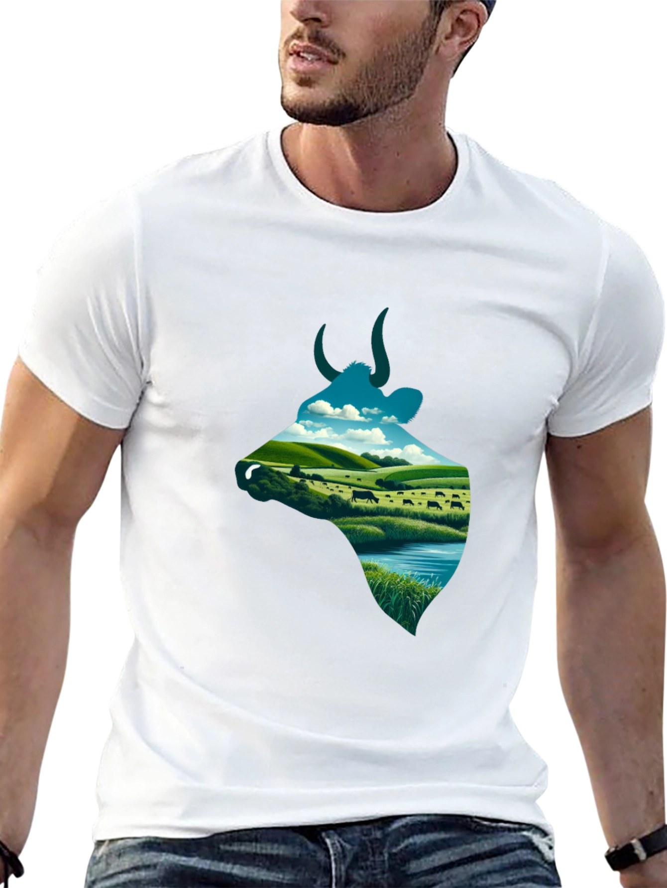 Black Cow Silhouette Farm Scene Graphic Tee view 13