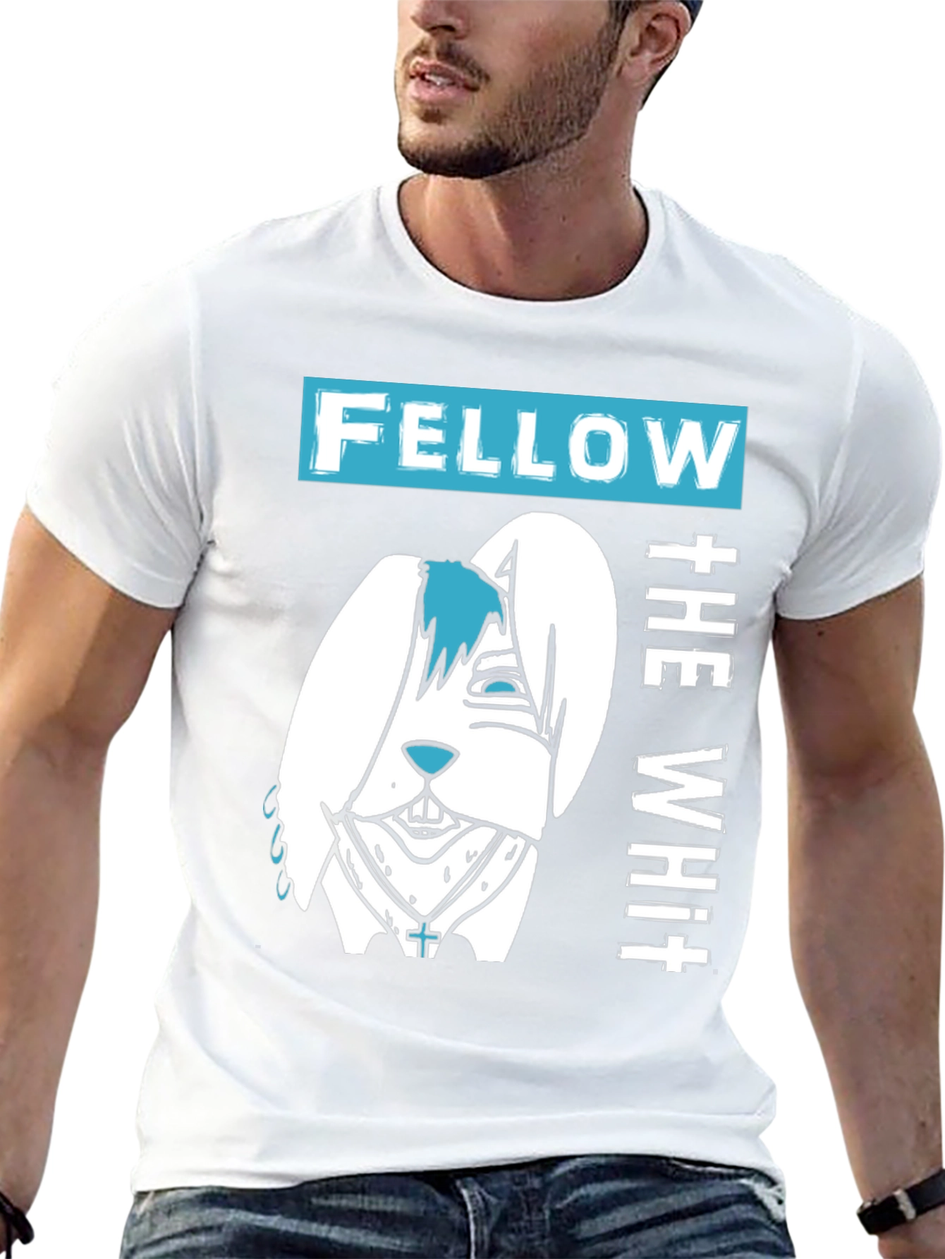 Black Fellow The White T-Shirt with Cartoon Bunny Design view 13