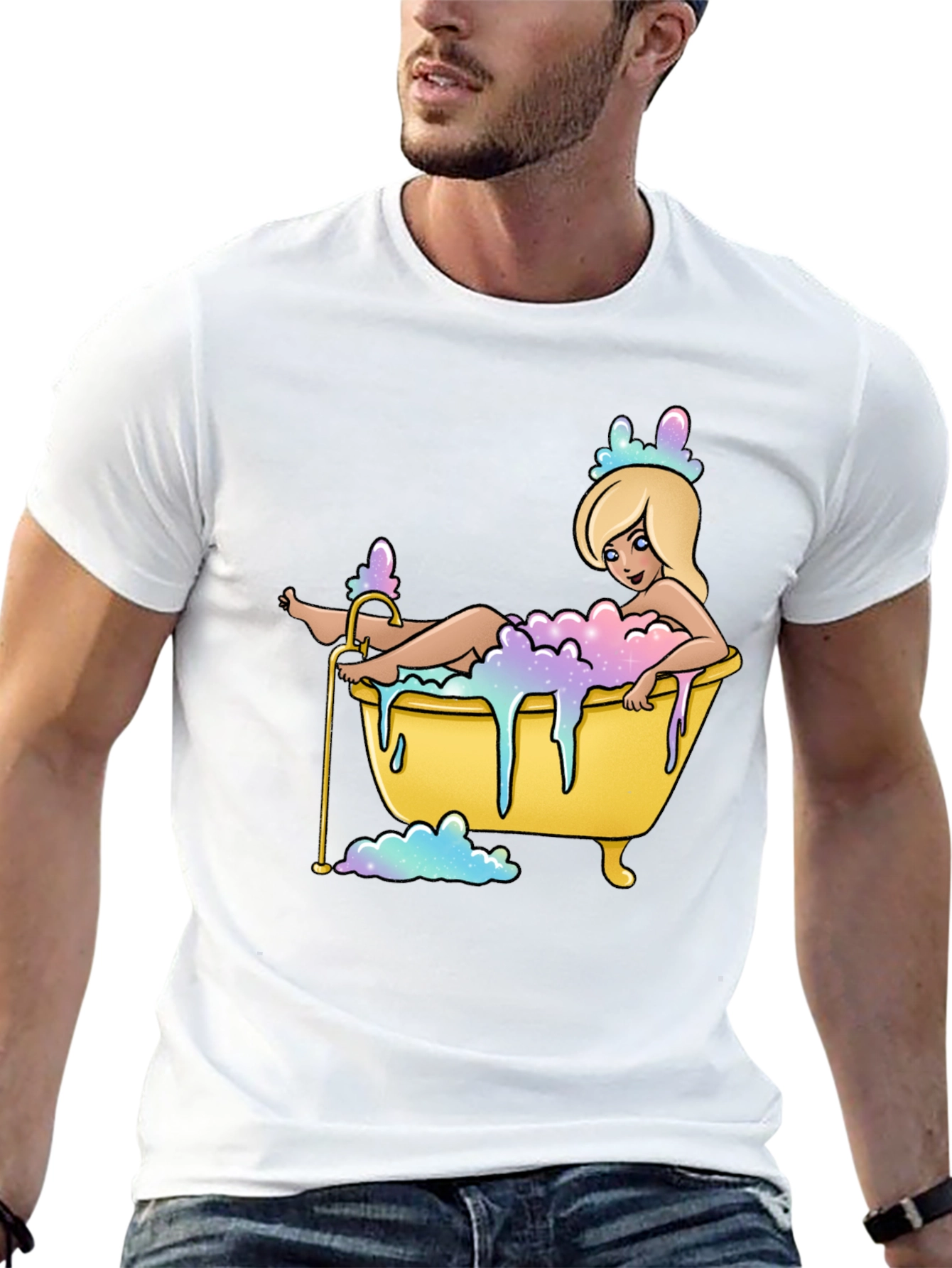 Black Cartoon Girl Bathtub T-Shirt - Black Cotton Tee view 13