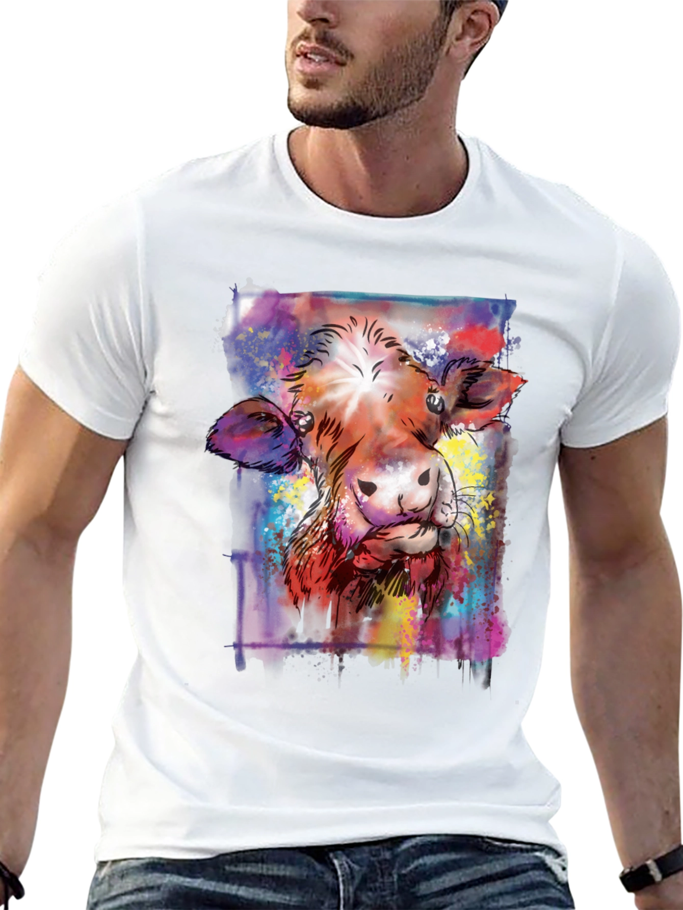 Black Colorful Cow Art Graphic Print Black T-Shirt view 13