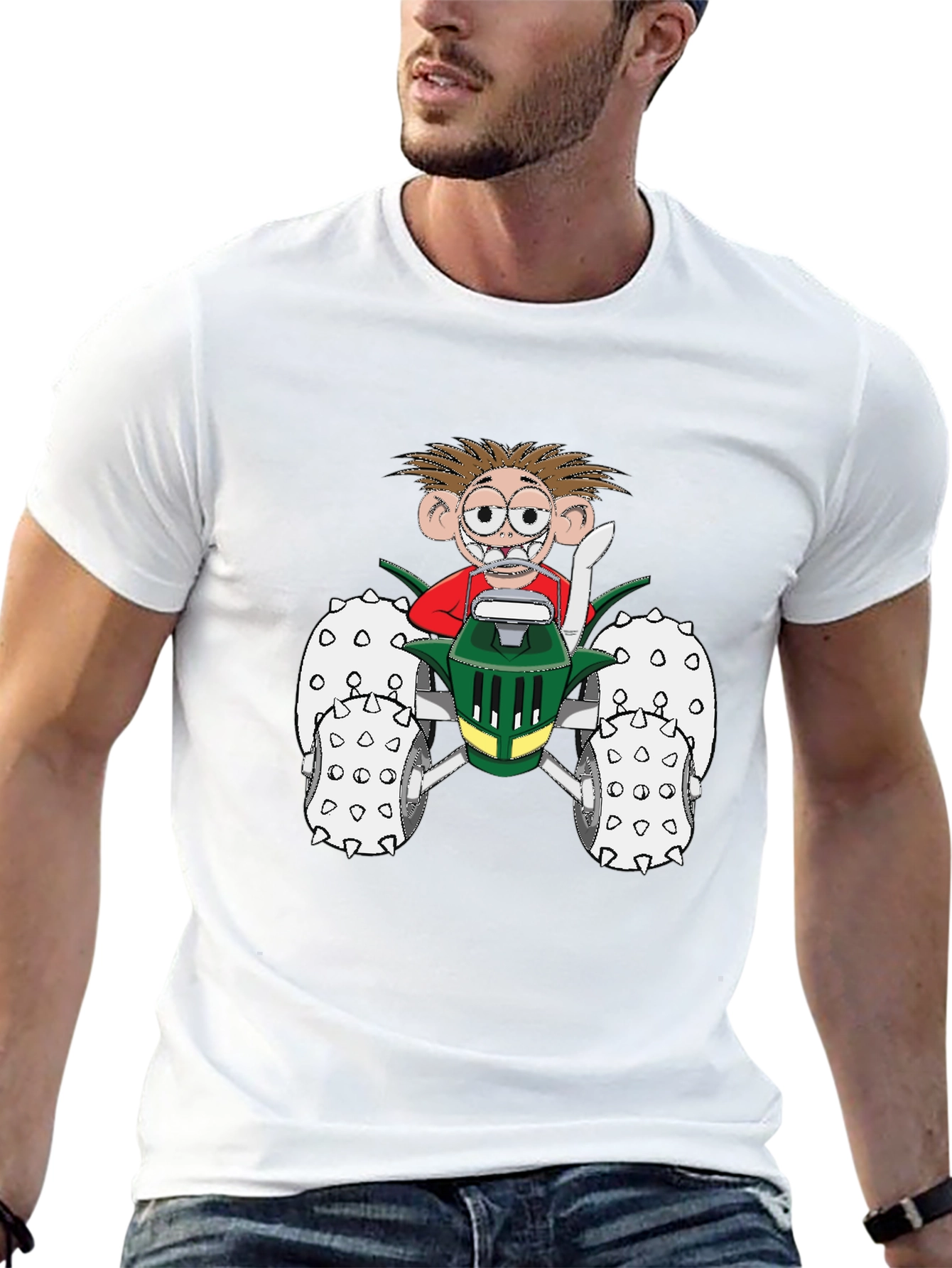 Cartoon Character on Tractor Black T-Shirt - 13