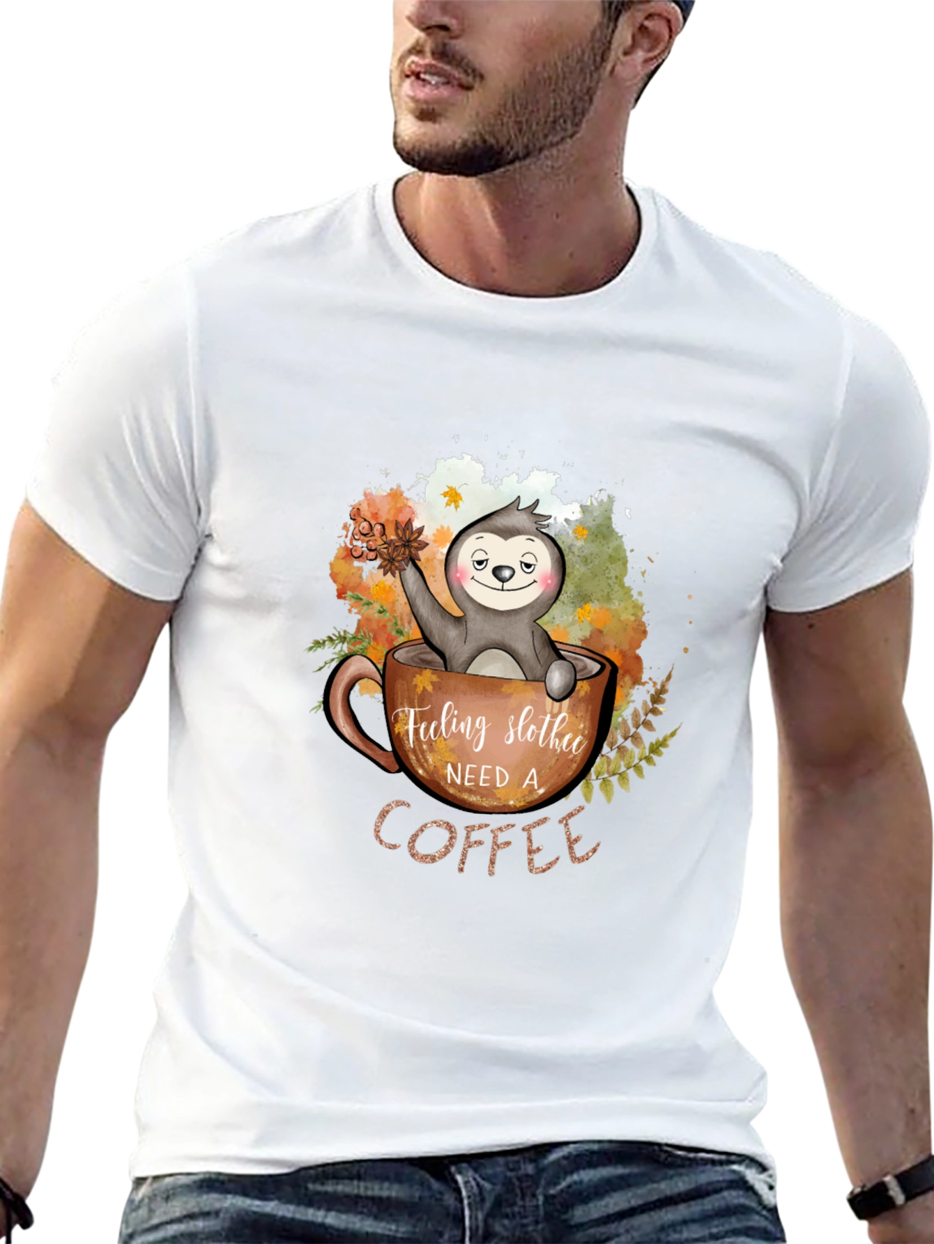 Black Feeling Slothee Need a Coffee Graphic T-Shirt view 13