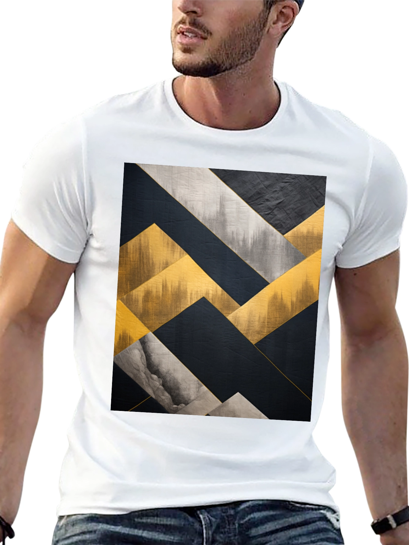 Black Abstract Geometric Art Men's Black T-Shirt view 13