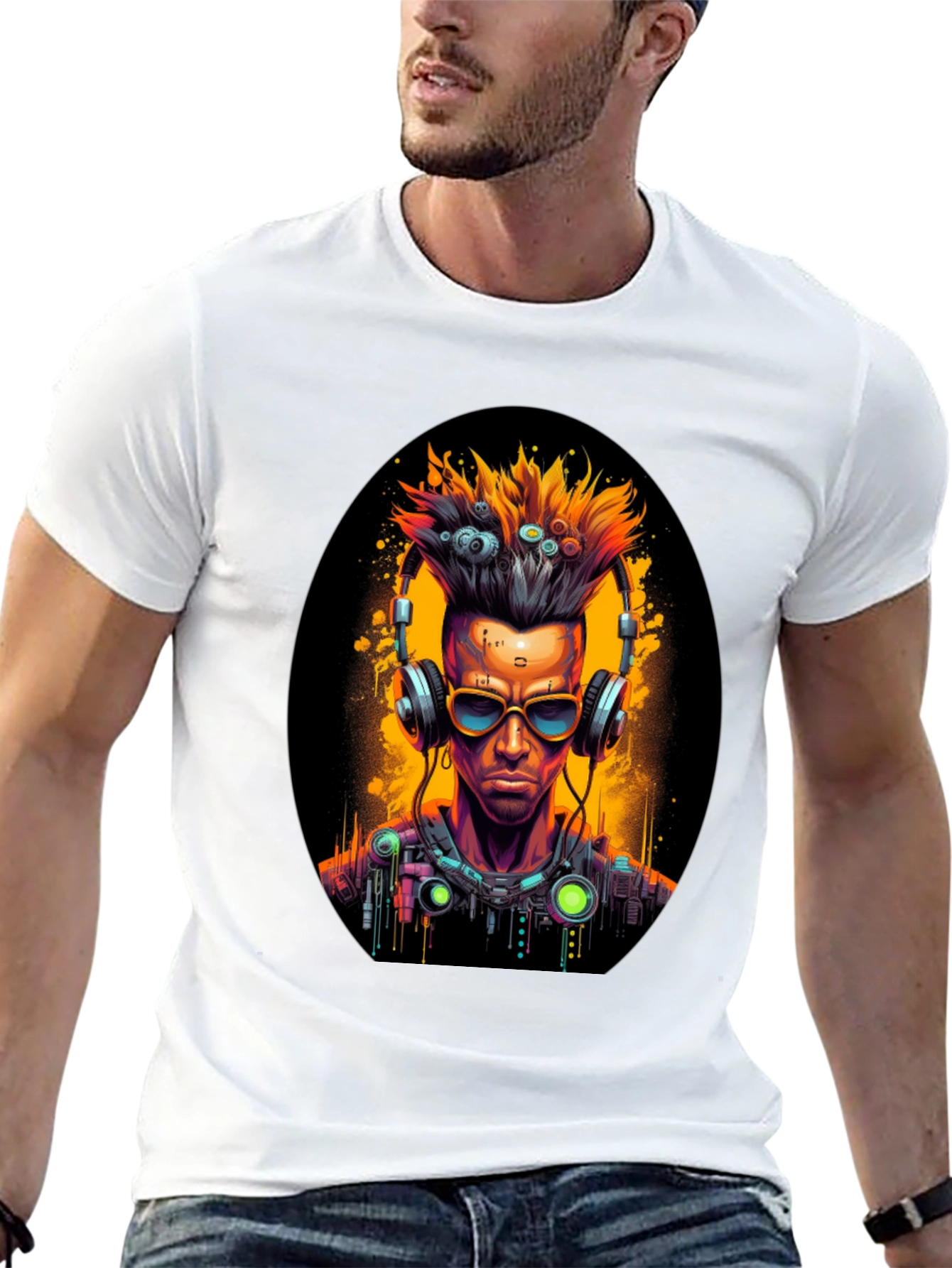 Black Cyberpunk Gamer T-Shirt: Futuristic Headphone Design view 13