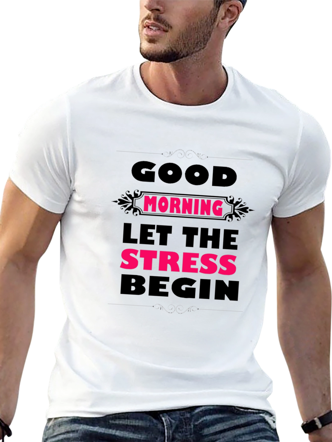 Black Humorous Good Morning Stress Men's Black Tee view 13