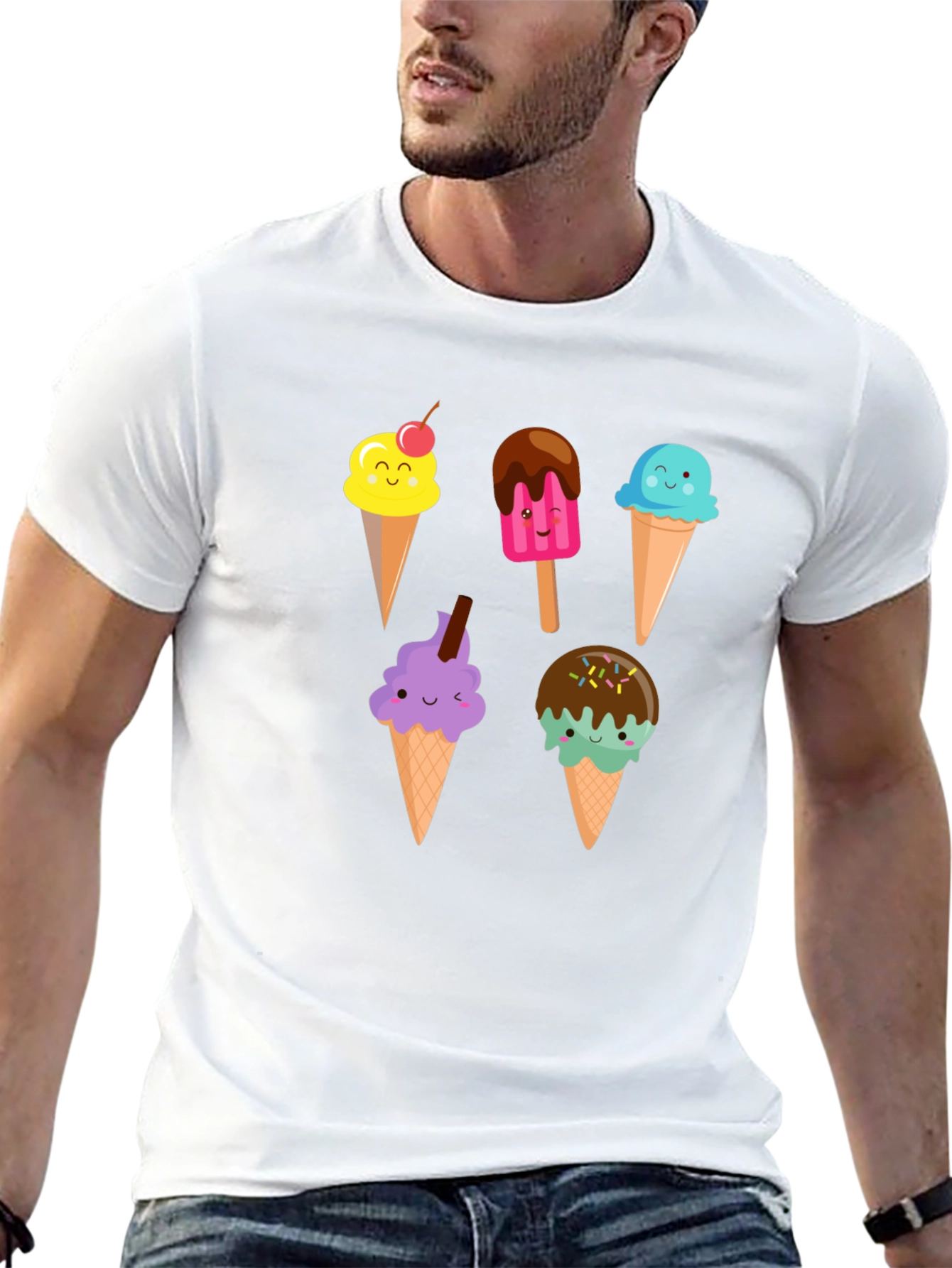 Black Cute Cartoon Ice Cream Graphic Black T-Shirt view 13