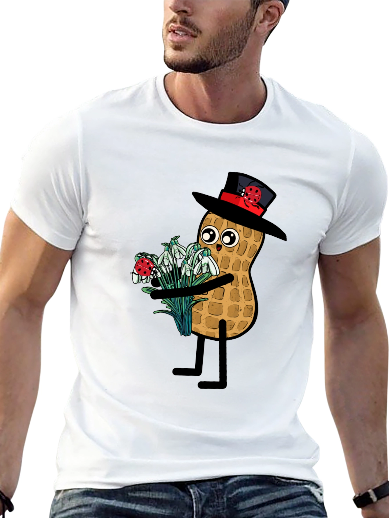 Black Funny Peanut with Flowers Graphic Tee view 13