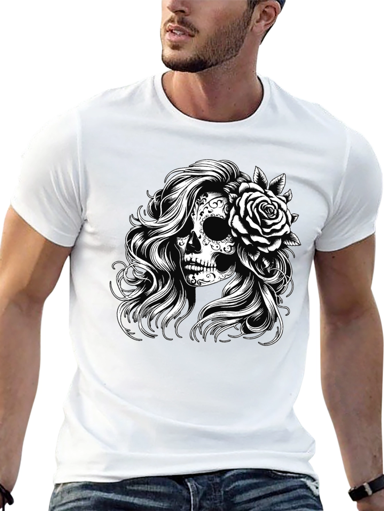 Black Sugar Skull Rose Graphic Tee - Black view 13