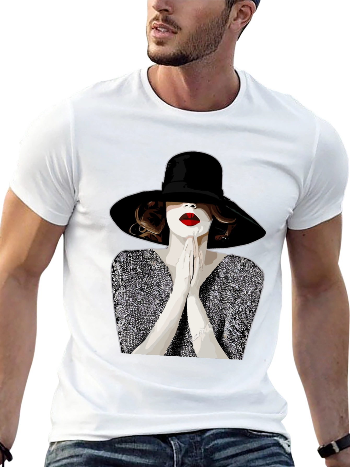 Black Stylish Graphic Tee - Woman with Hat view 13