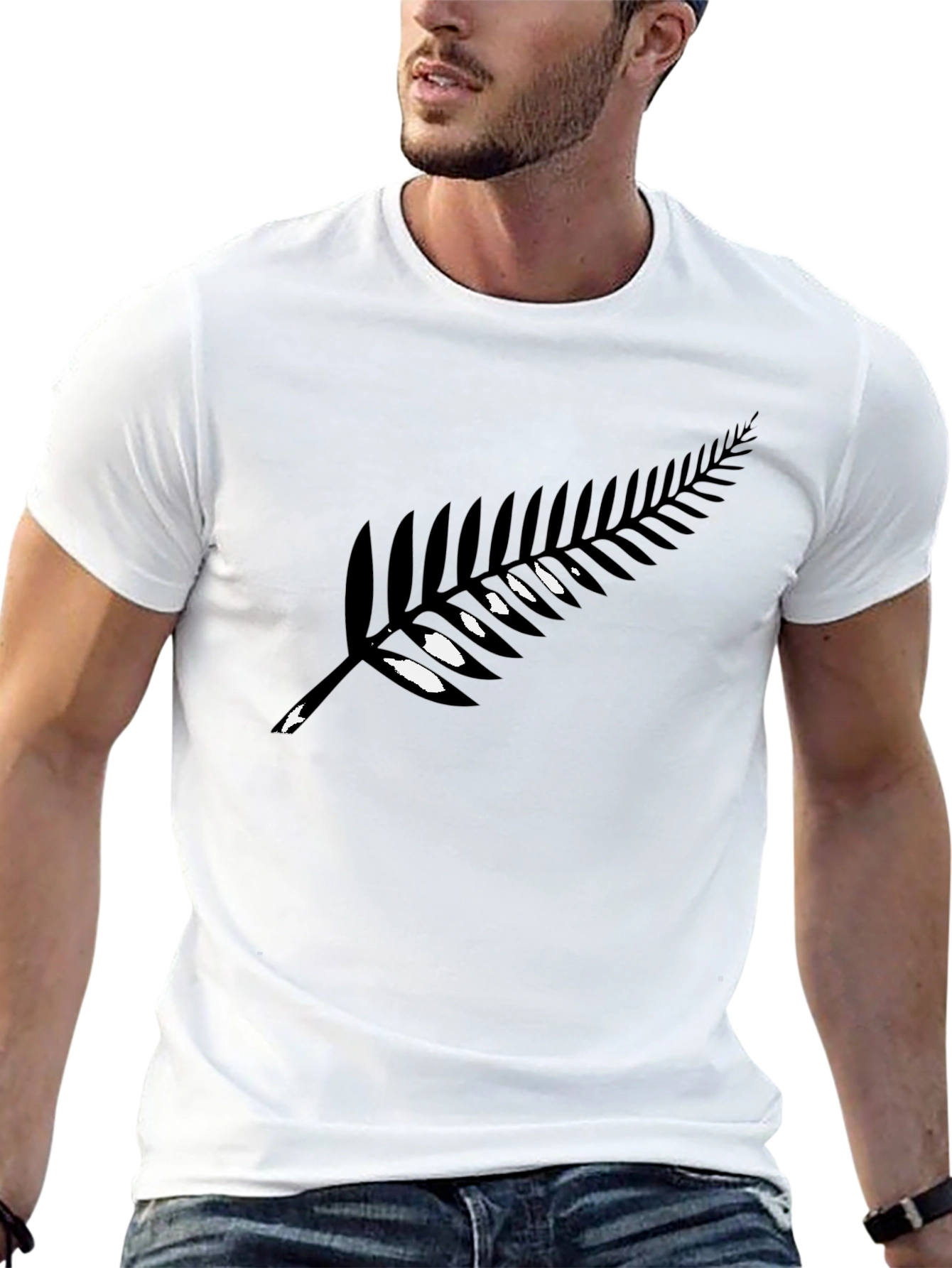 Black Men's Black T-Shirt with Silver Fern Design view 13