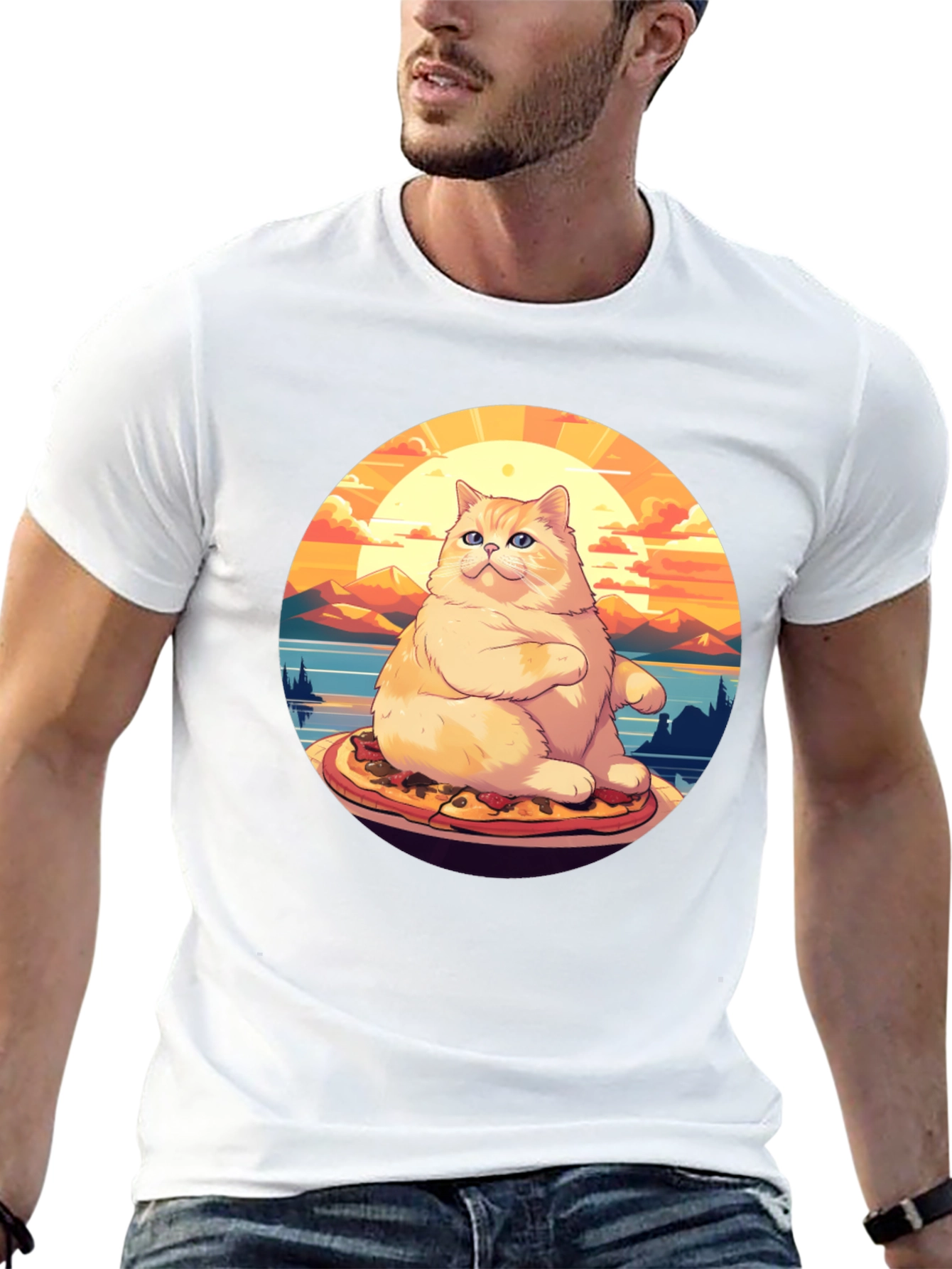 Black Pizza Cat T-Shirt: Sunset Vibes view 13