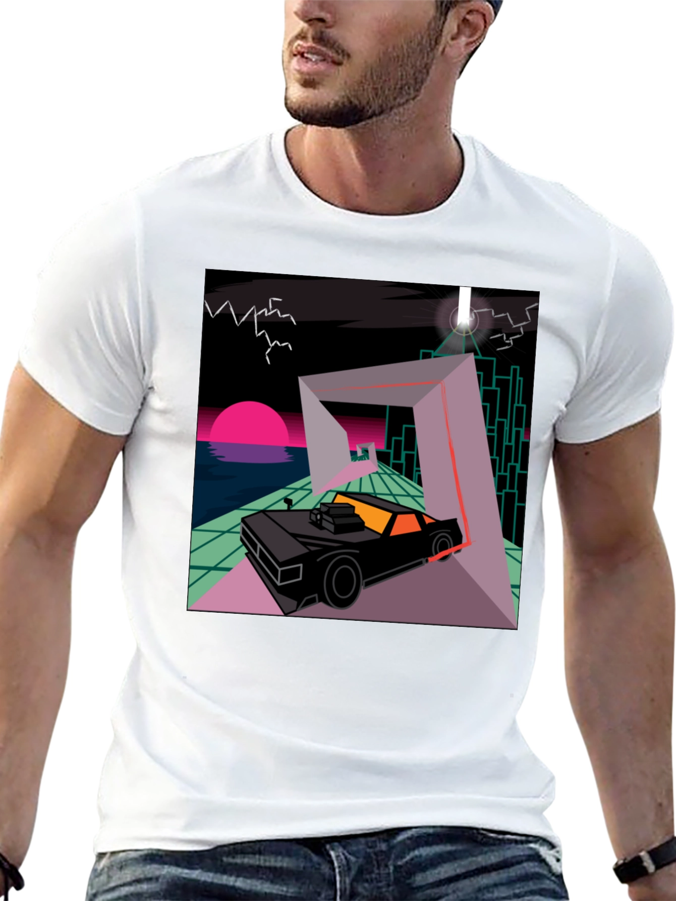 Black Retro Wave Car T-Shirt - Synthwave Design view 13