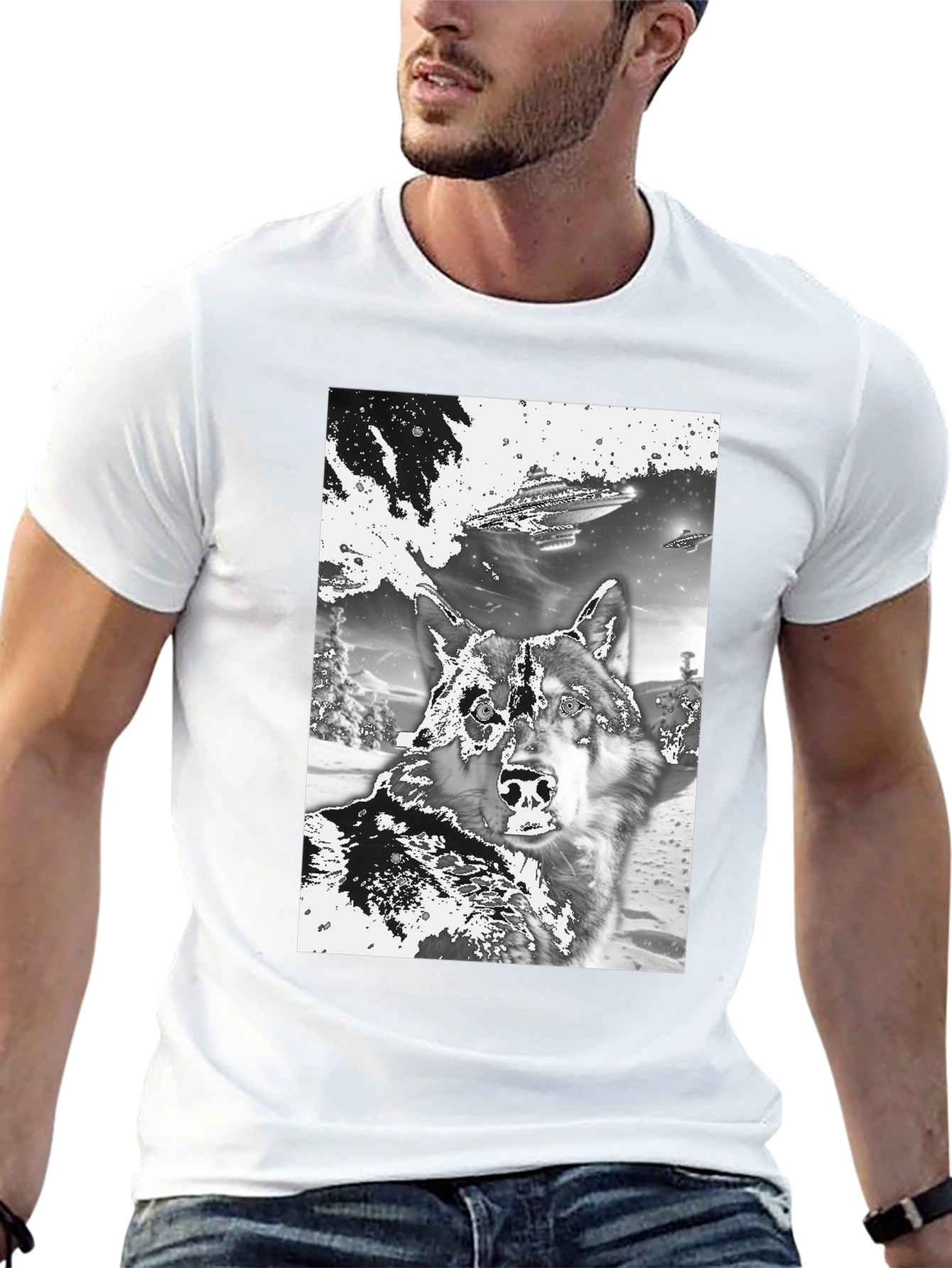 Black Wolf & UFO Graphic T-Shirt - Black Crew Neck Tee view 13