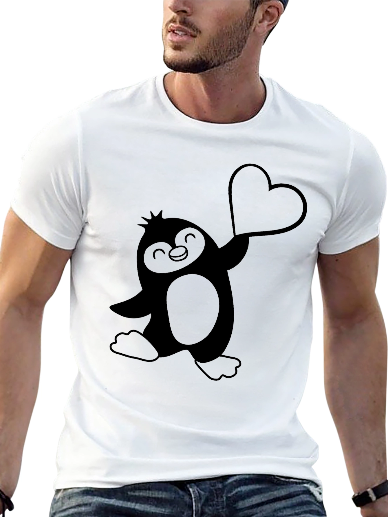 Black Cute Penguin Heart T-Shirt - Men's Black Tee view 13