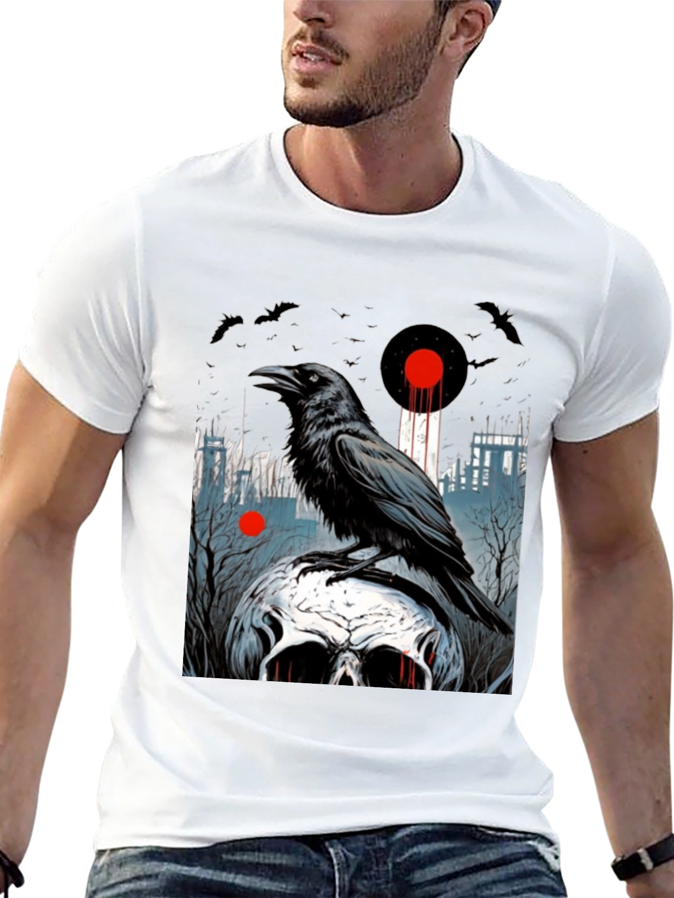 Black Raven Skull Graphic Tee - Dark Gothic Style view 13