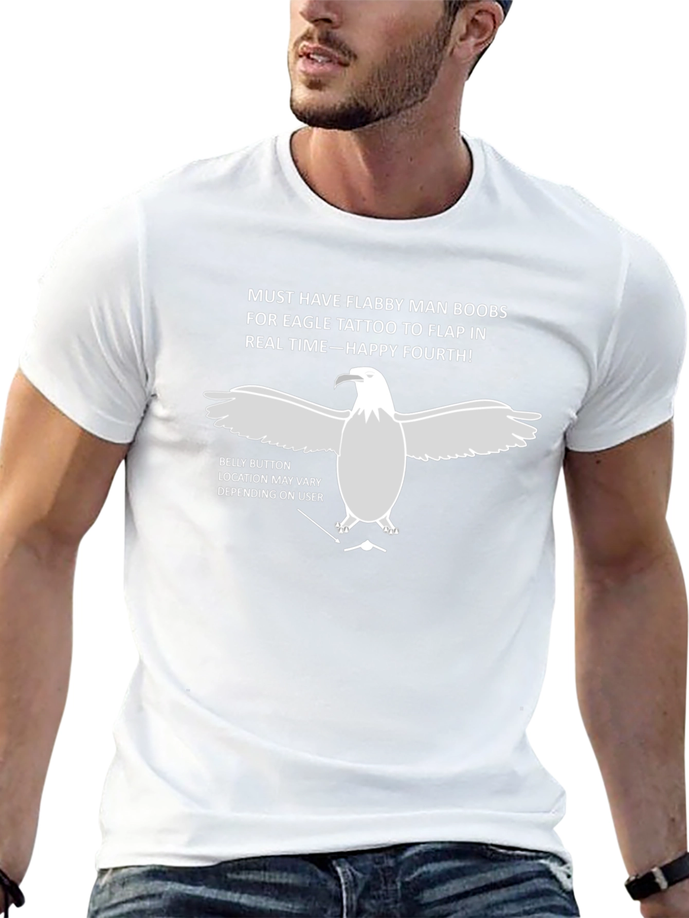 Black Flabby Man Boobs Eagle Tattoo Funny T-Shirt view 13