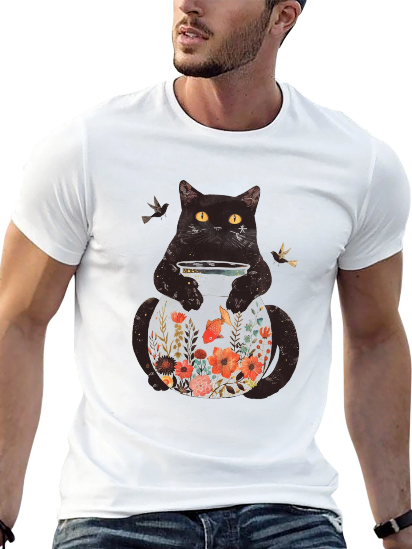 Black Floral Cat Graphic T-Shirt - Unique Animal Design view 13