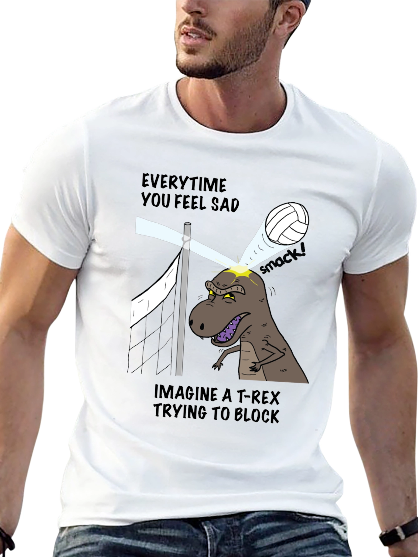 Funny T-Rex Volleyball Block Graphic Tee - 13