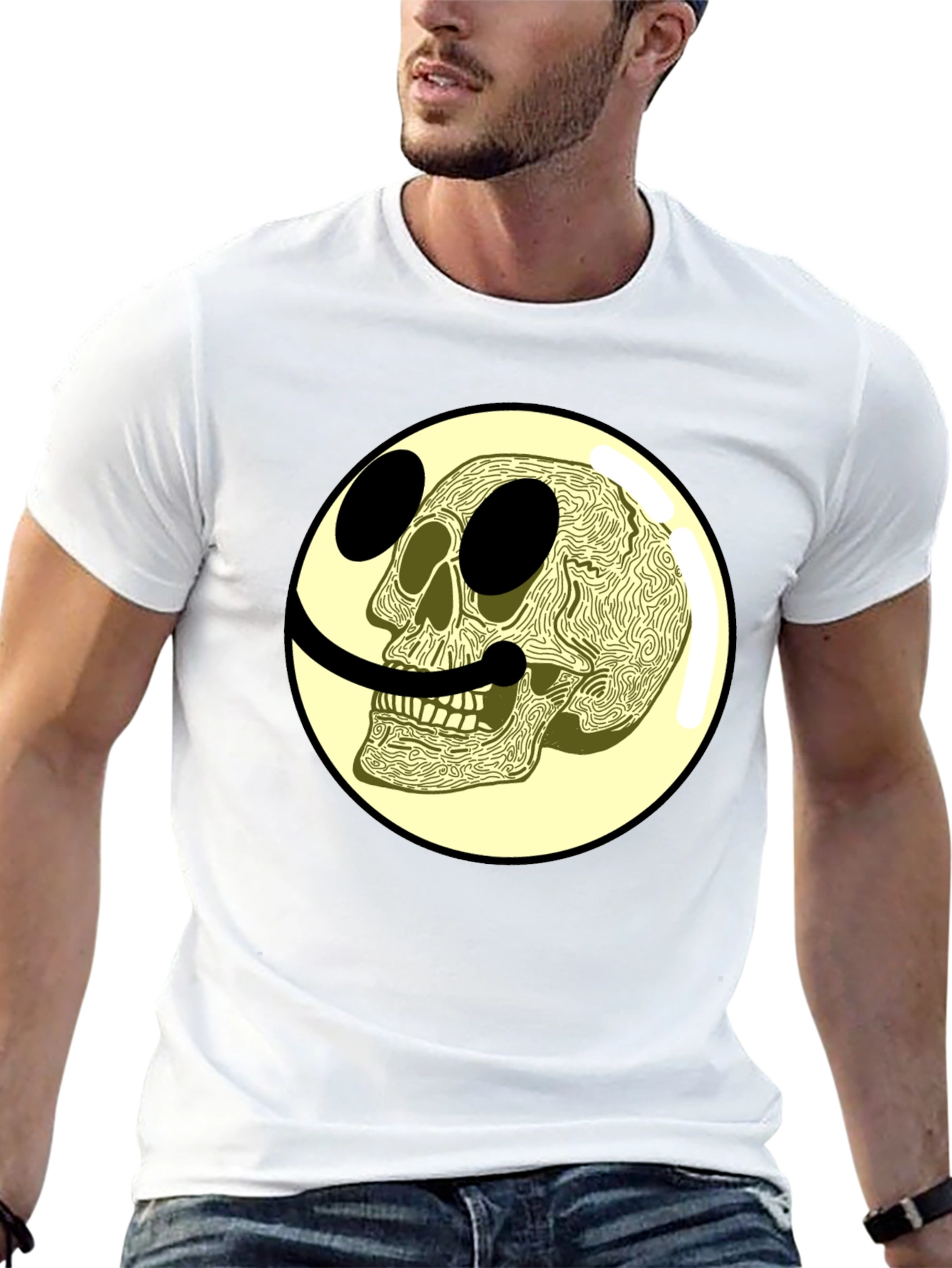 Black Skull Smiley Face Graphic Tee view 13