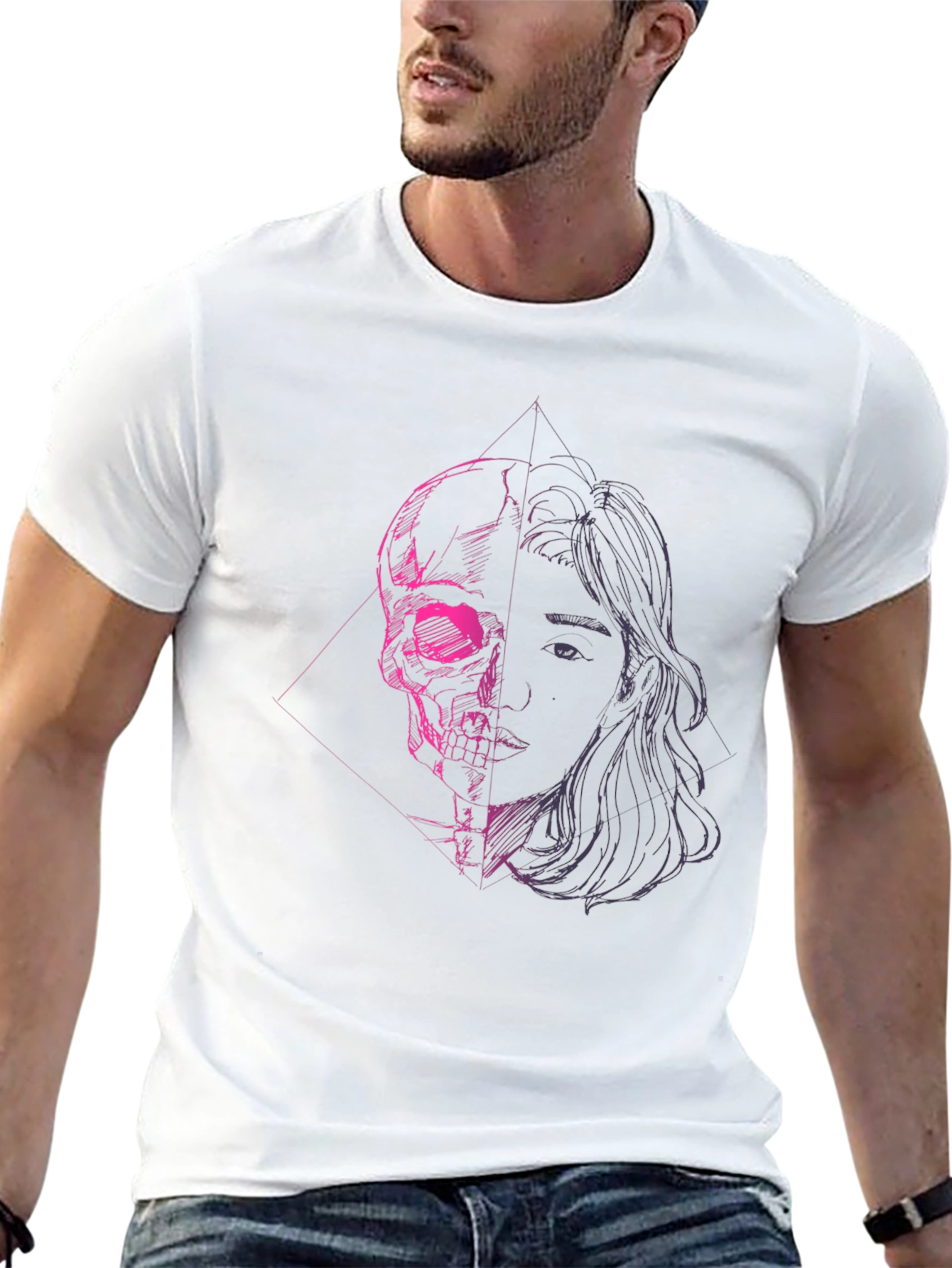Black Skull & Portrait Graphic Black T-Shirt view 13