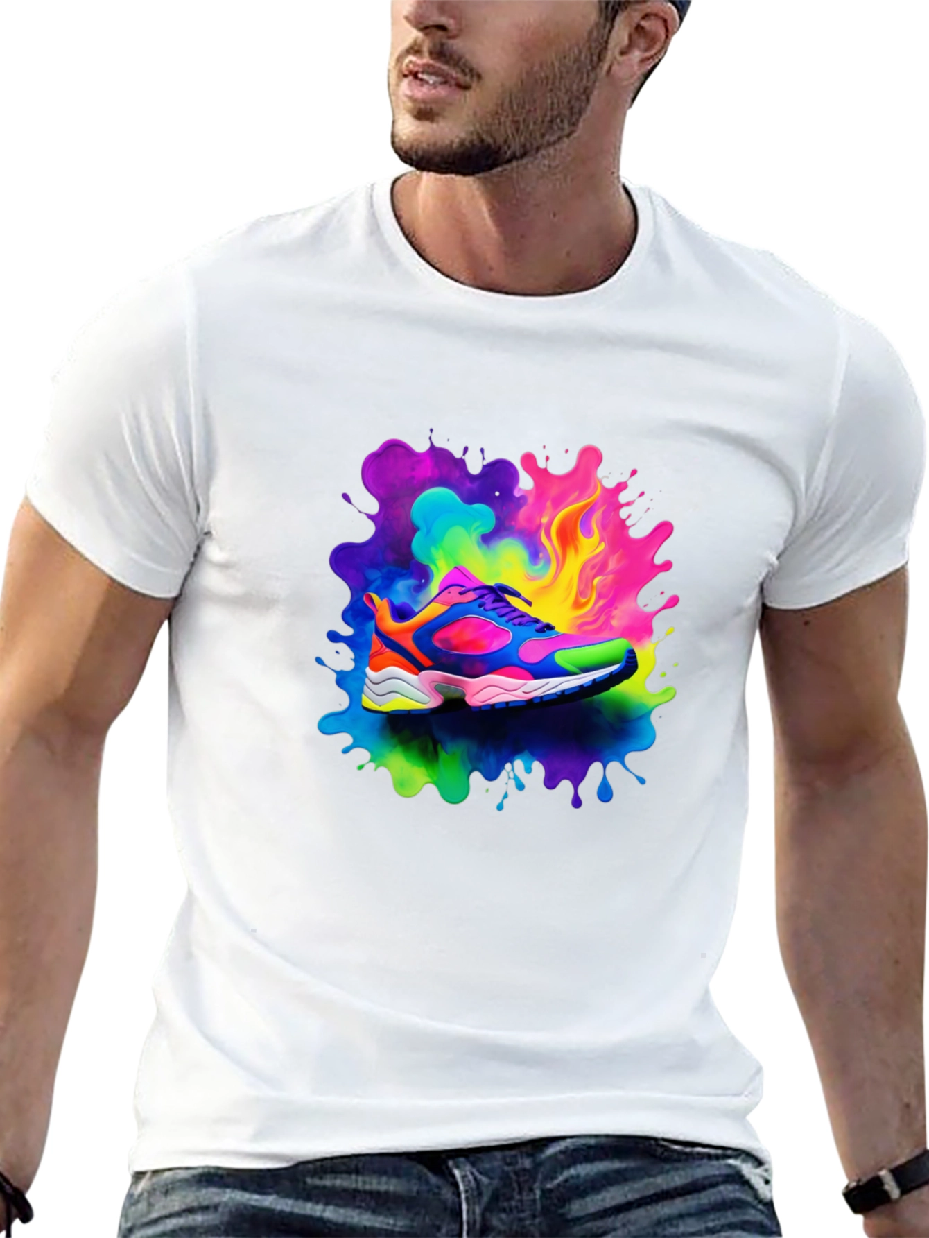 Black Men's Black T-Shirt with Colorful Shoe Design view 13