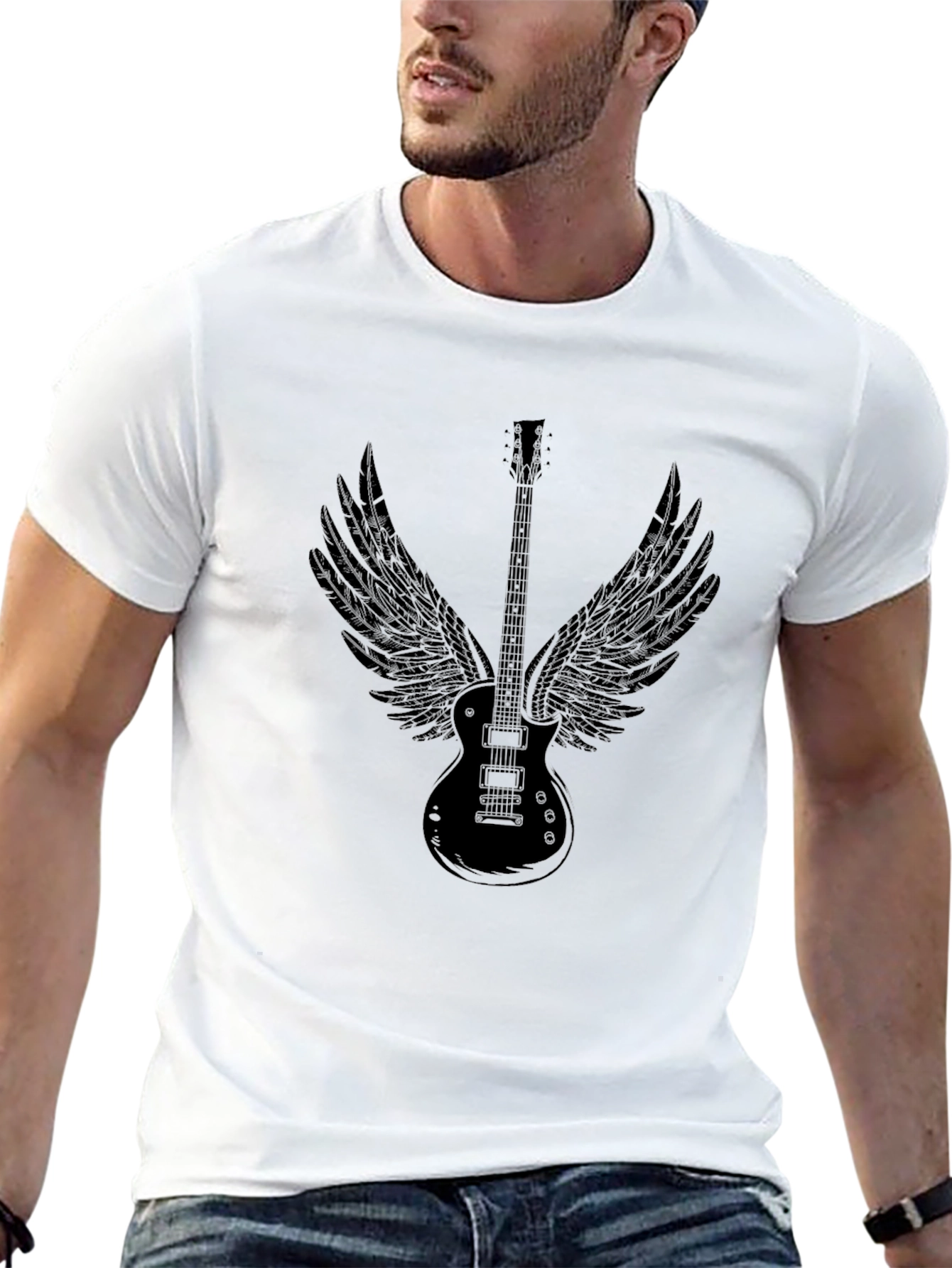 Black Guitar Wings Graphic Black T-Shirt view 13