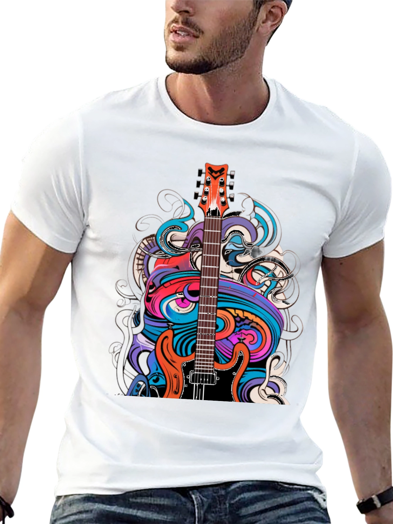 Black Electric Guitar Art T-Shirt - Rock Band Tee view 13