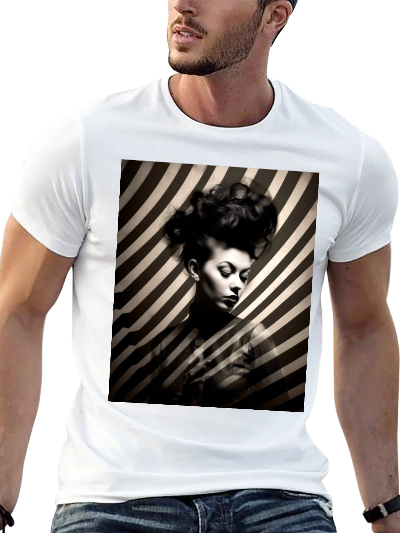 Black Striking Striped Portrait Graphic Tee - Bold Style view 13