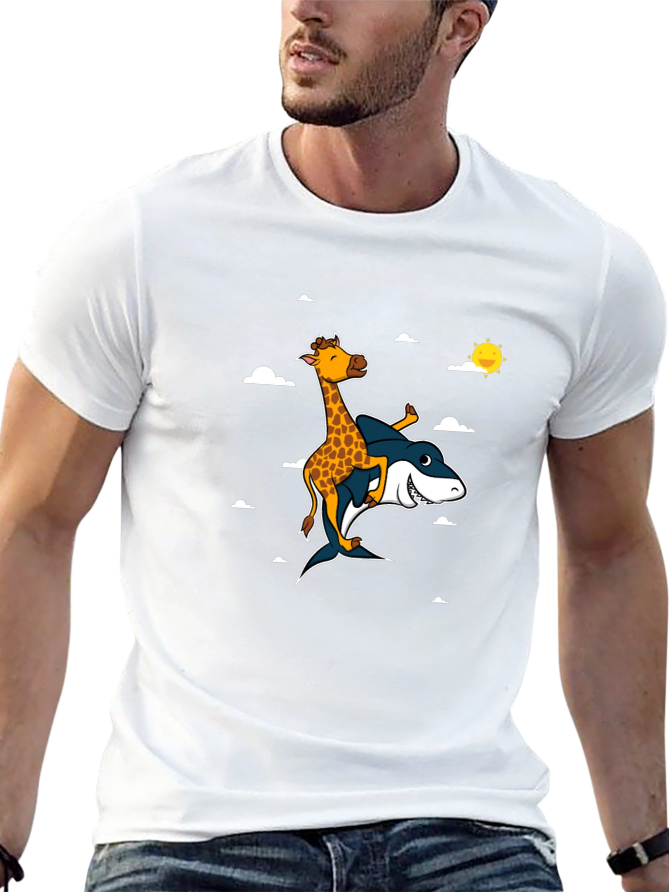 Black Giraffe Riding Shark T-Shirt: Funny Graphic Tee view 13