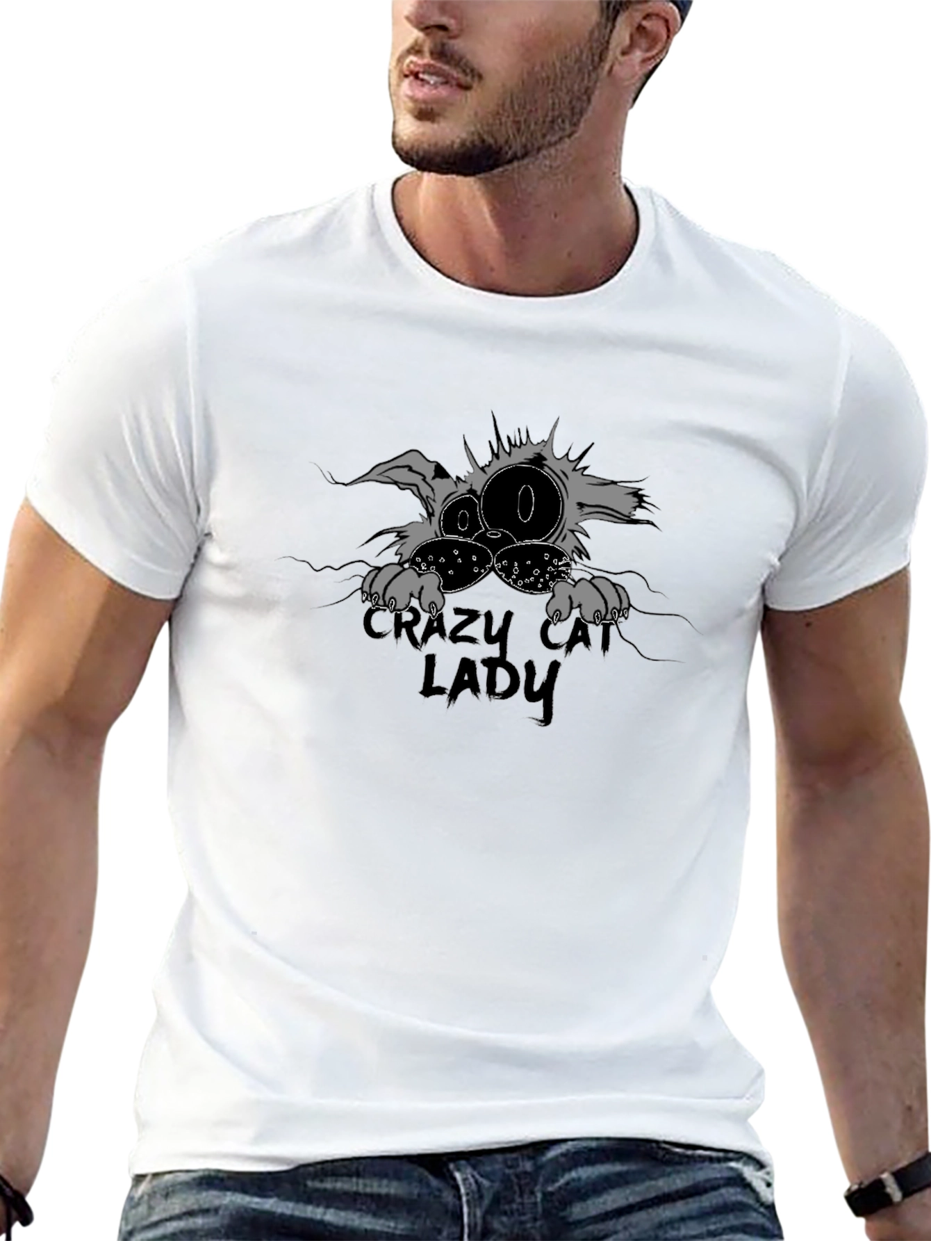 Black Crazy Cat Lady T-Shirt - Black Crew Neck Tee view 13