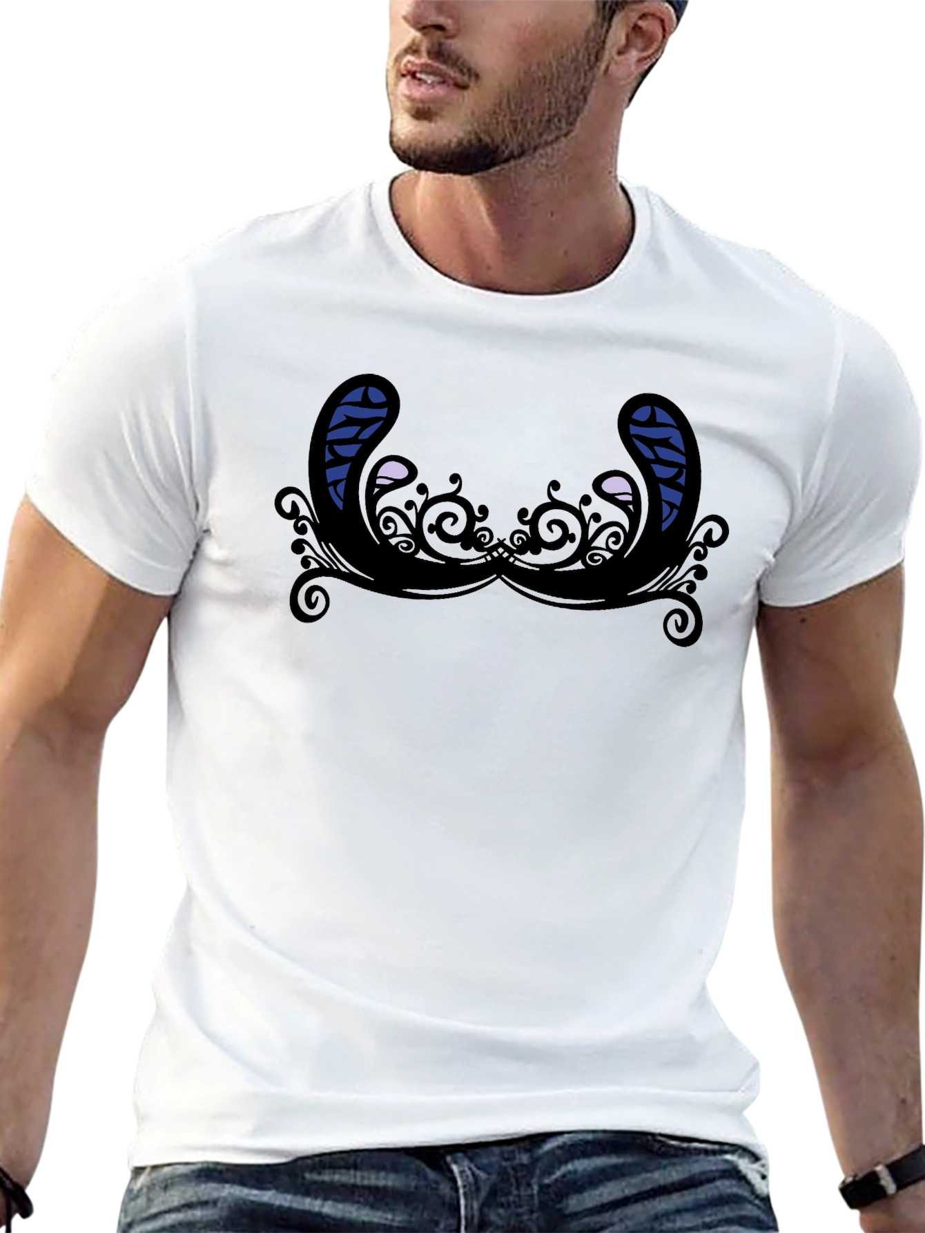 Black Novelty Graphic T-Shirt - Quirky Mustache Design, Black Tee view 13