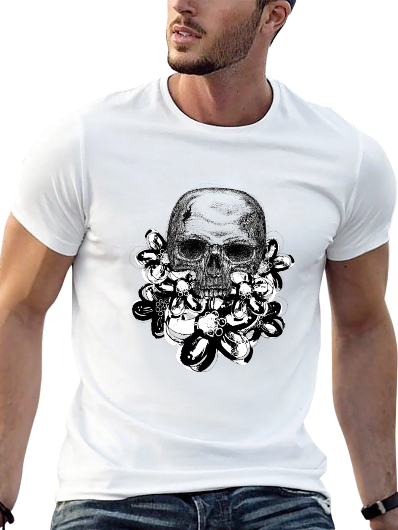 Black Skull & Flowers Graphic Tee - Edgy Black Cotton T-Shirt view 13
