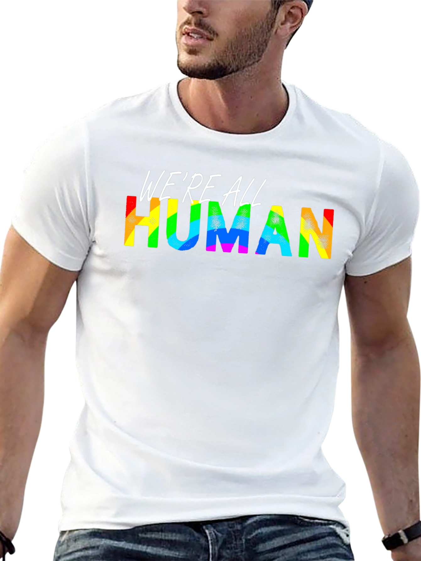 Black We're All Human Pride T-Shirt - Rainbow Text view 13