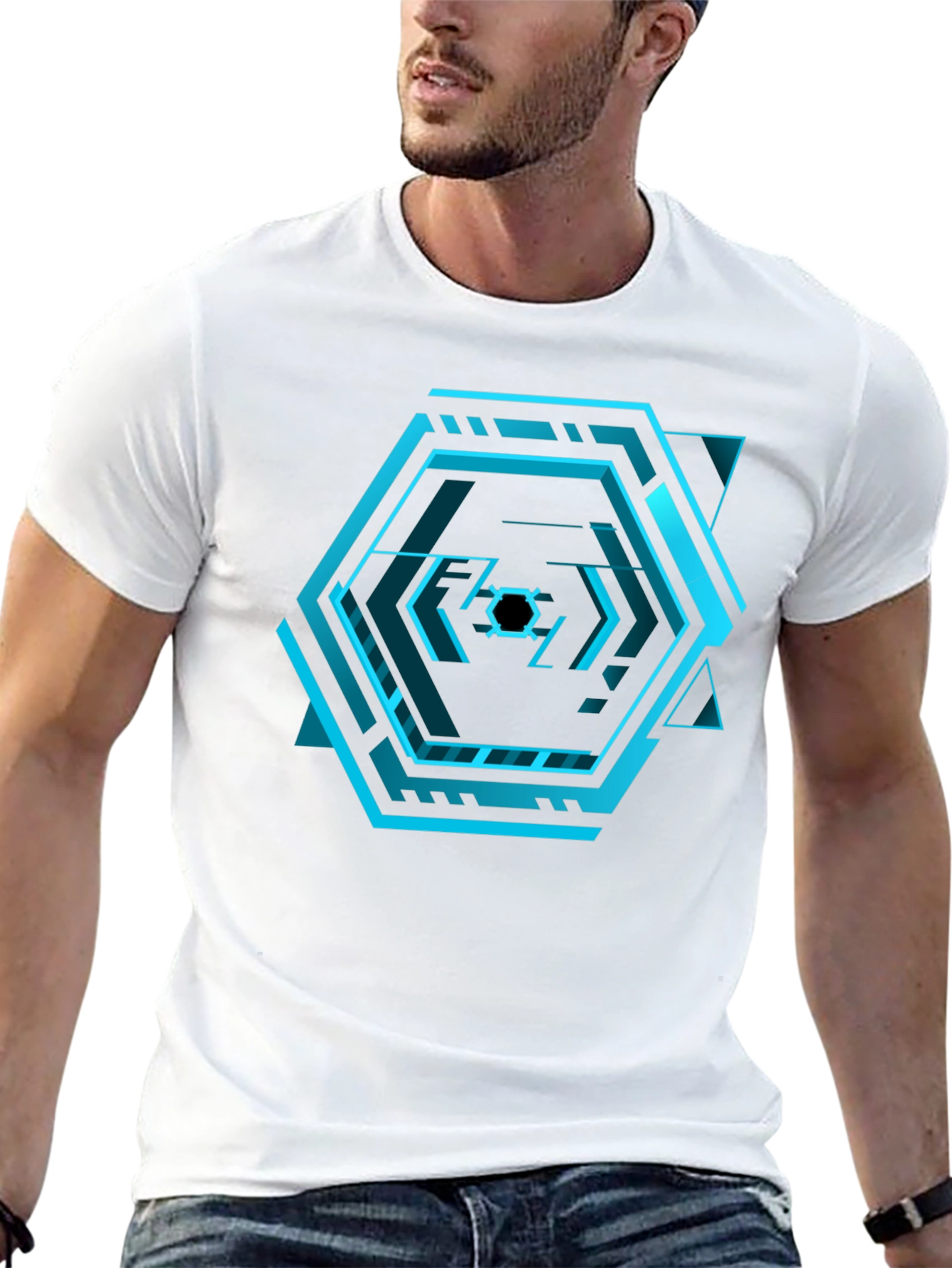 Black Cyberpunk Hexagon Black T-Shirt - Futuristic Design view 13