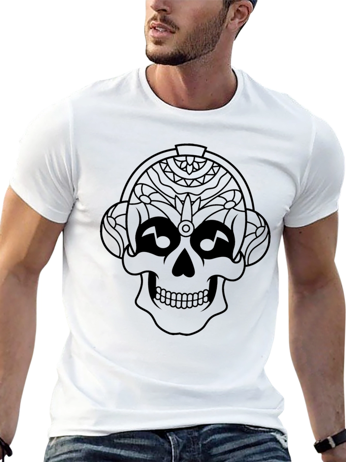 Black Skull Headphones Graphic Black T-Shirt view 13