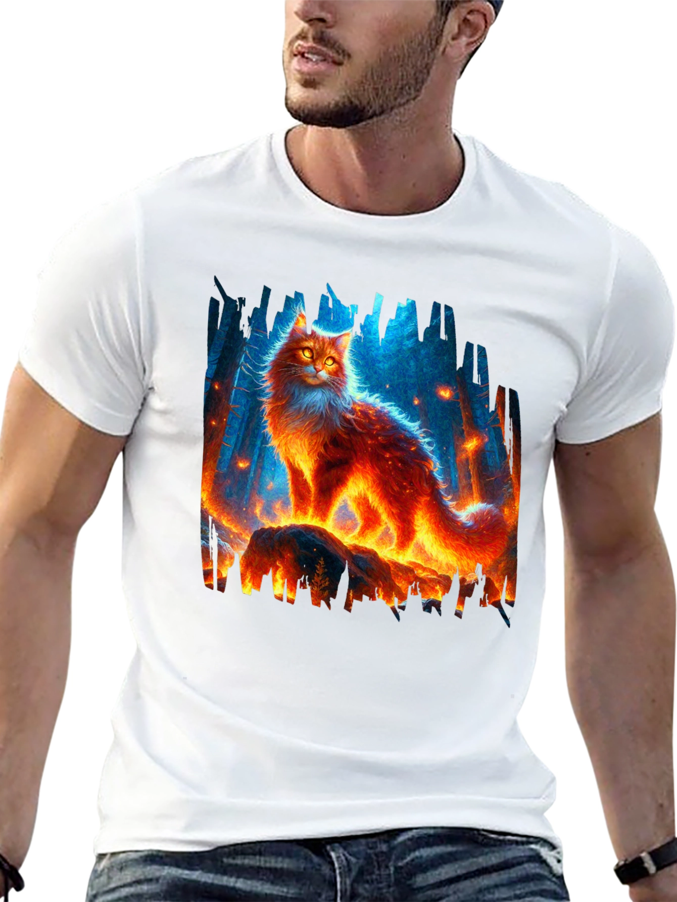 Black Fiery Cat Graphic Tee - Unique Design view 13