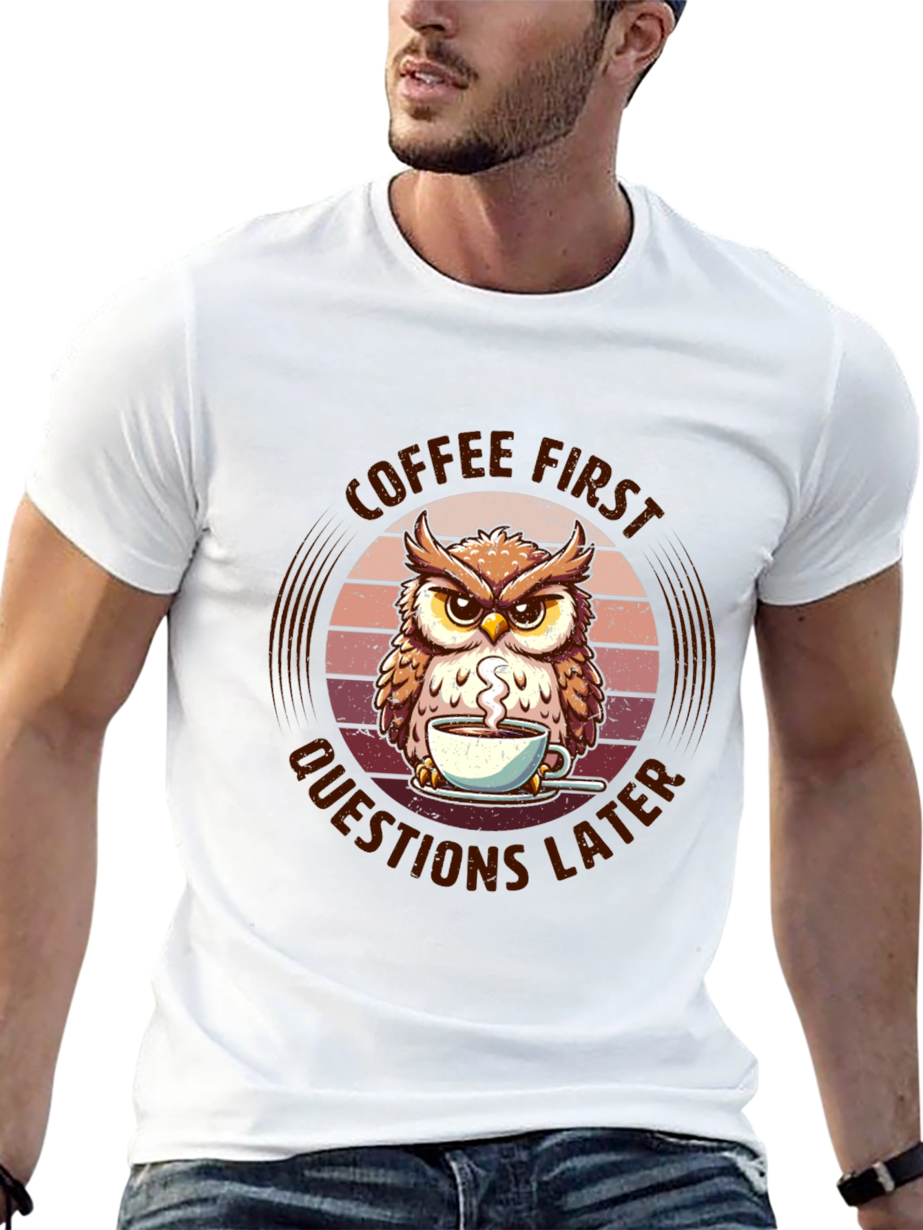 Black Coffee First Owl T-Shirt - Unisex Graphic Tee view 13