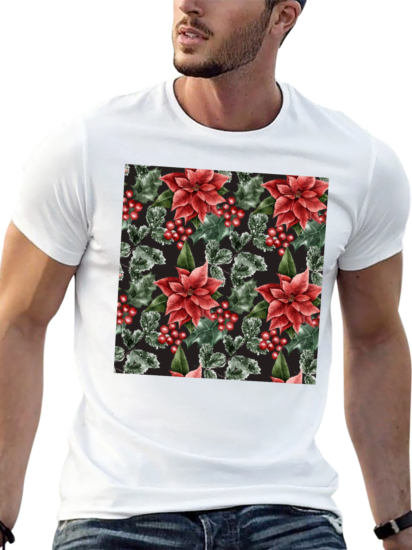 Black Festive Floral Holiday T-Shirt view 13