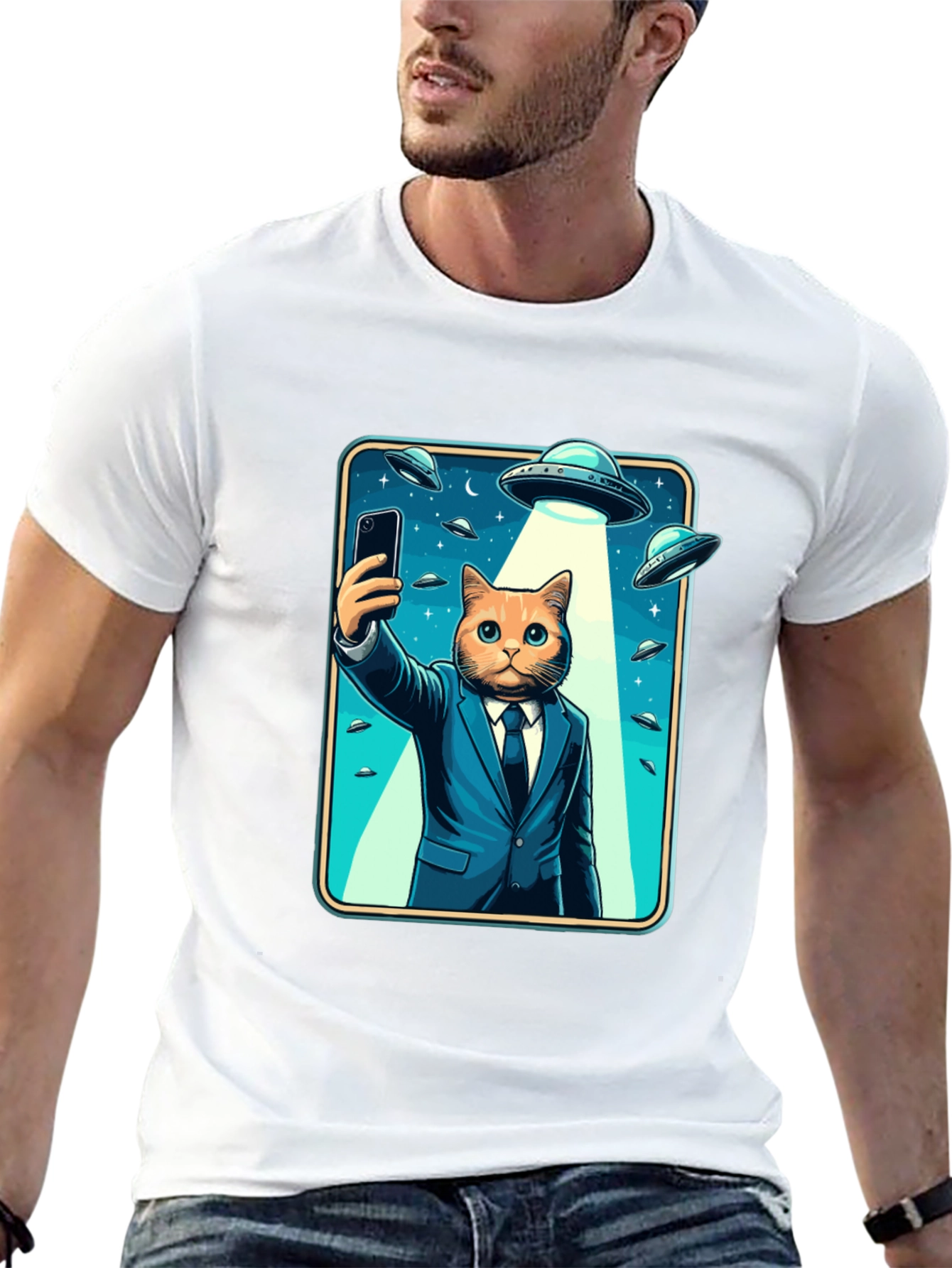 Black Cat in Suit UFO Selfie Graphic T-Shirt view 13