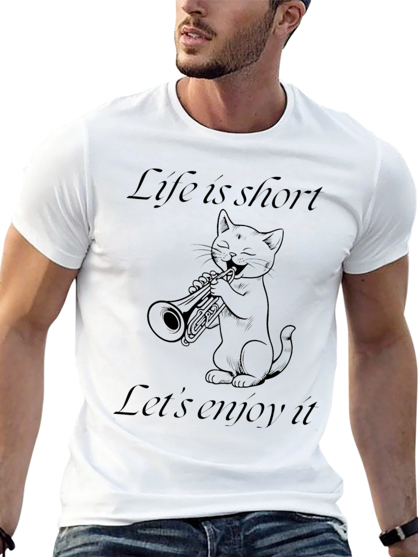 Black Life Is Short Cat Trumpet T-Shirt view 13