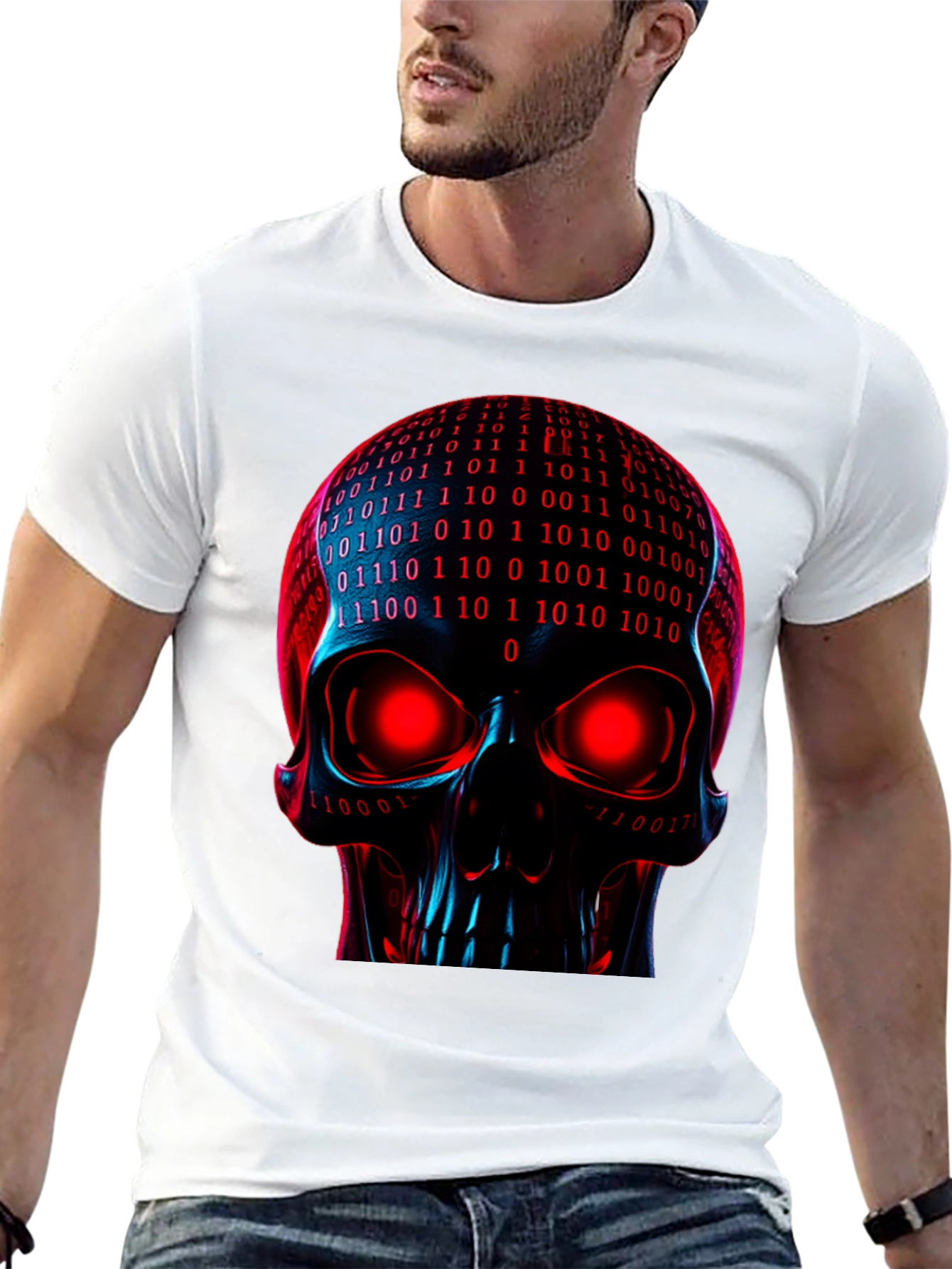 Black Cyber Skull Graphic Tee - Binary Code Skull view 13