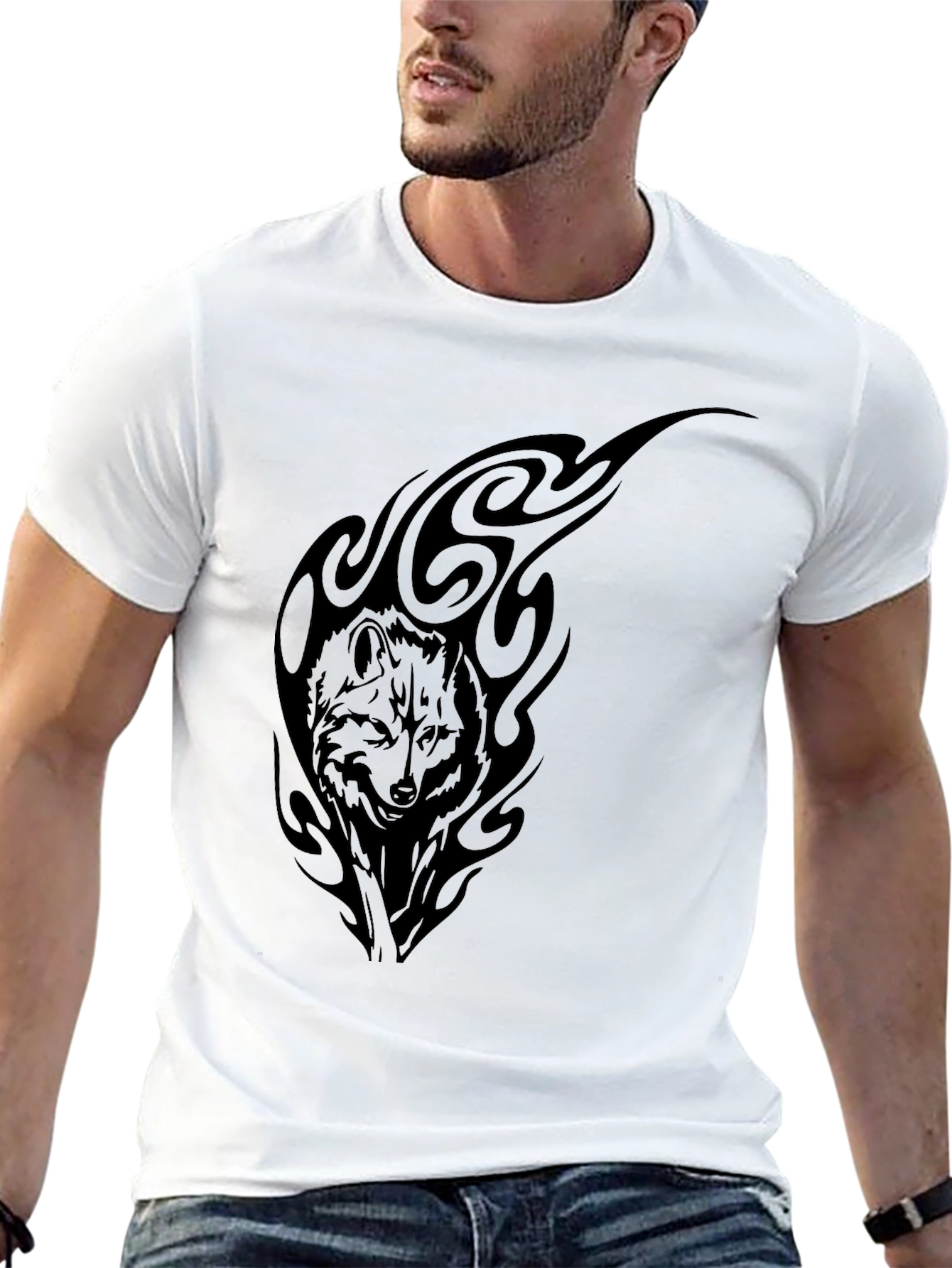 Black Wolf Tribal Graphic Tee - Black Cotton T-Shirt view 13