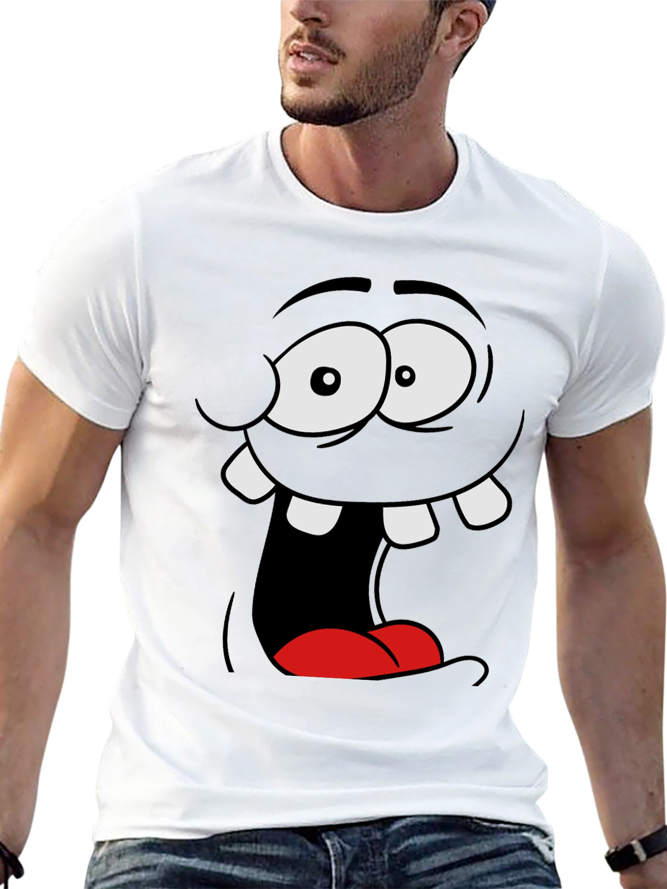 Black Funny Cartoon Face Black Graphic Tee view 13