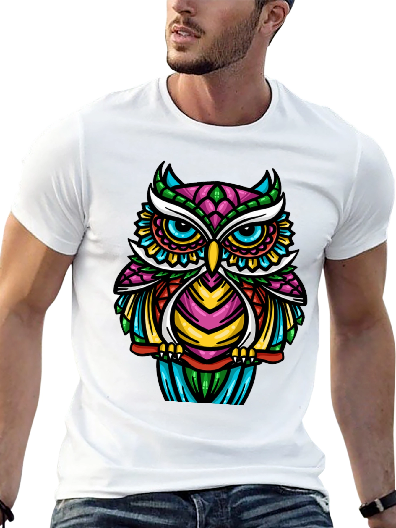 Black Colorful Owl Graphic T-Shirt - Unique Design view 13