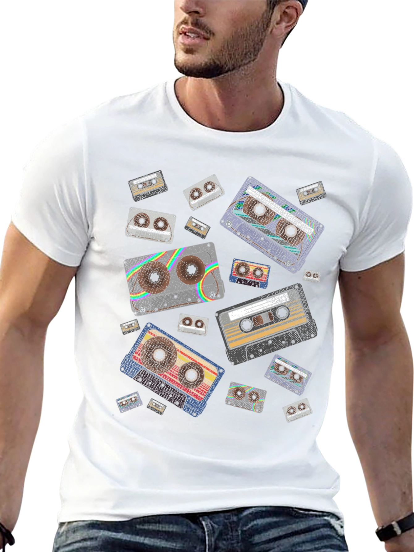 Black Retro Cassette Tape Pattern Black T-Shirt view 13