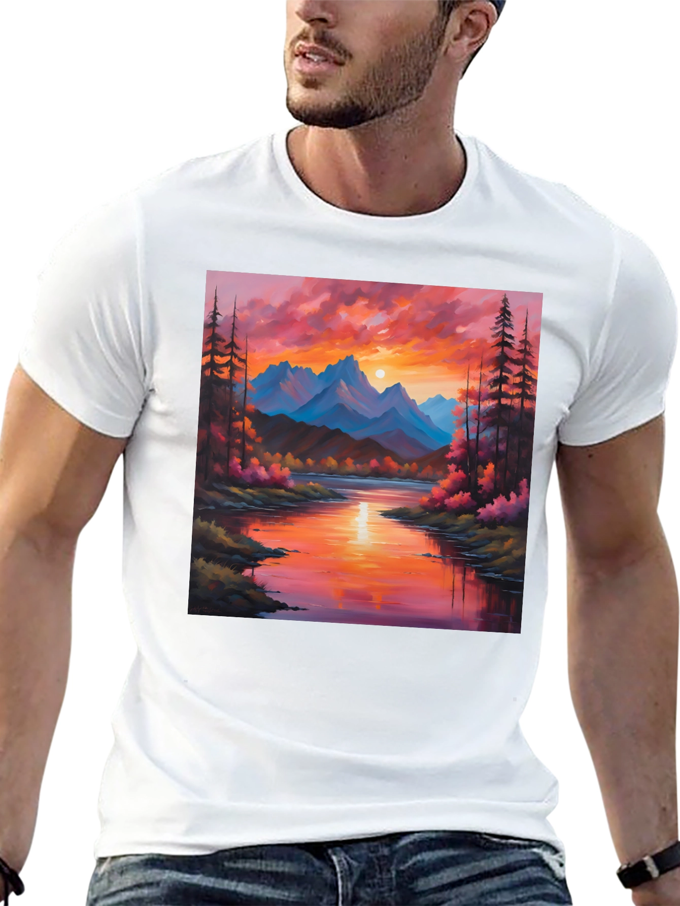 Black Sunset Mountain River Painting Graphic Tee view 13