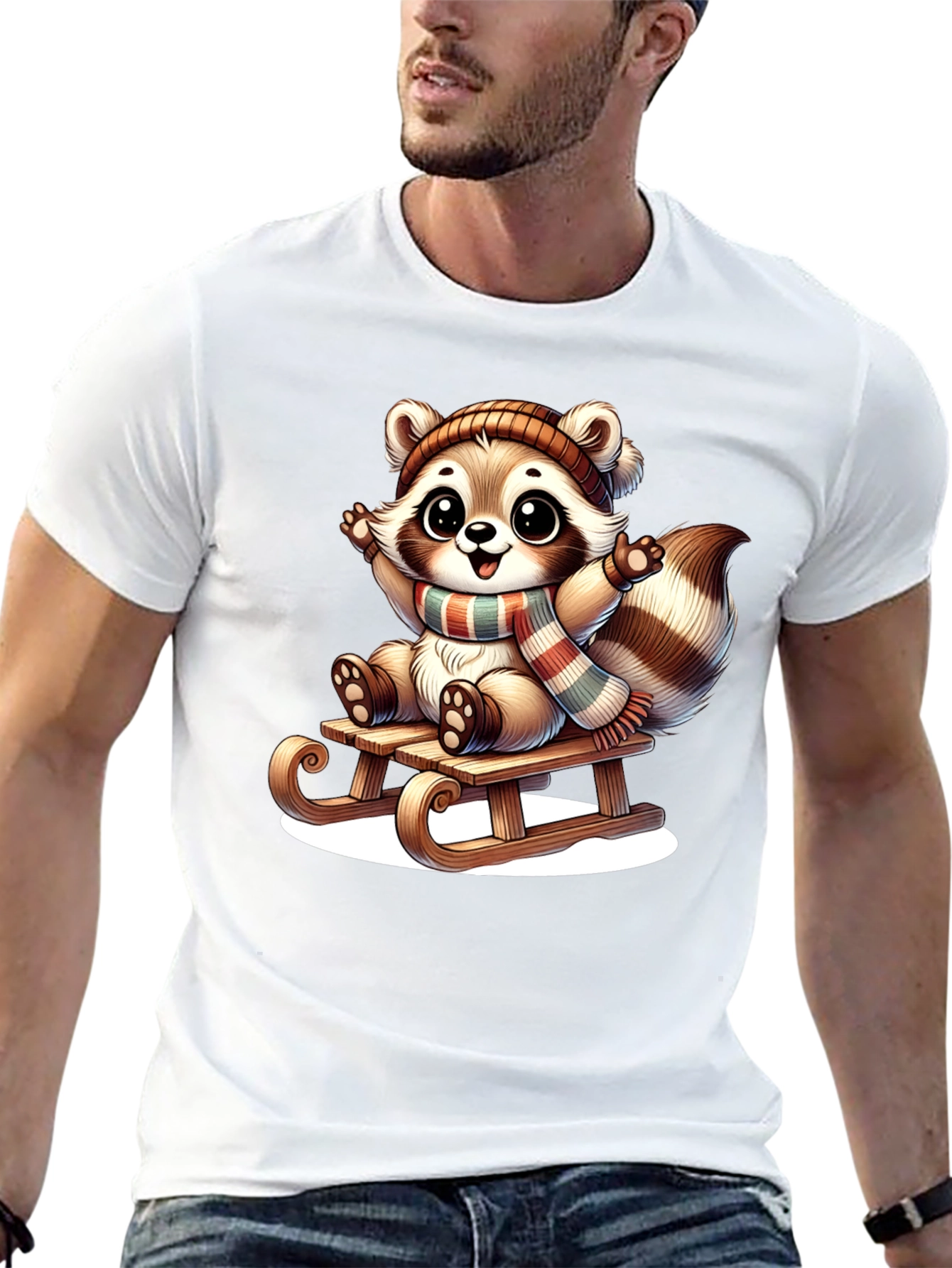 Black Cute Raccoon Sledding Graphic Tee view 13