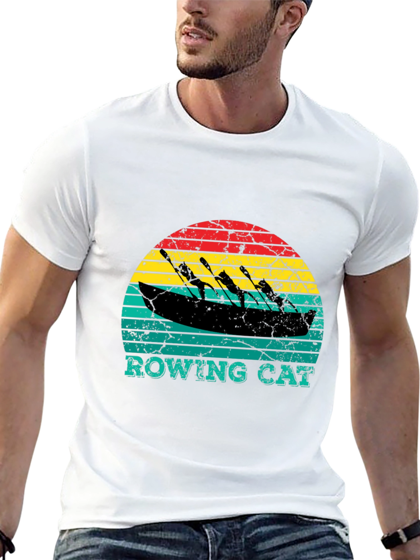 Black Rowing Cat T-Shirt - Vintage Style Tee view 13